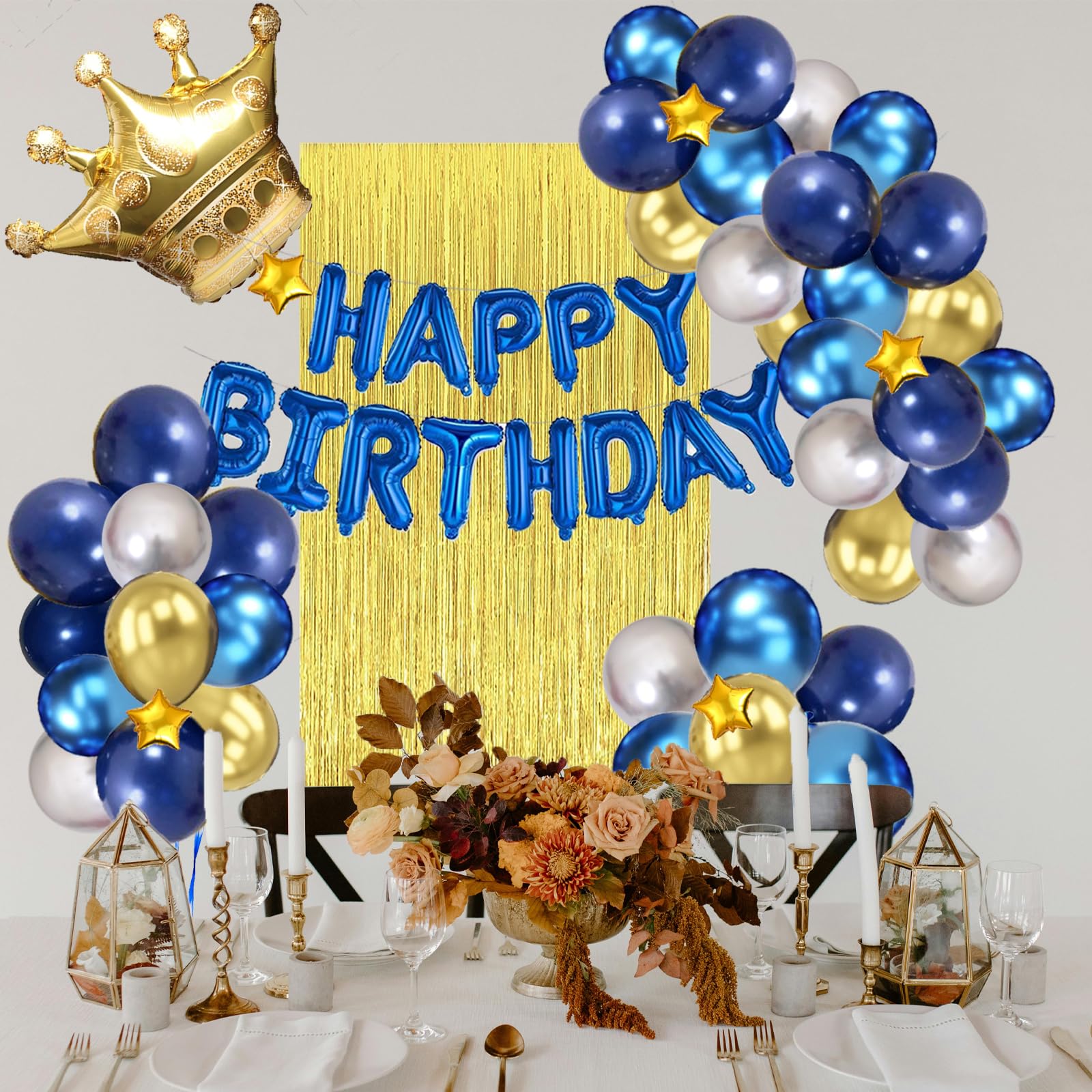 Niebieskie i złote dekoracje urodzinowe dla mężczyzn, chłopców, dziewcząt, Hyballustw 58 szt. balonów z banerem "Happy Birthday", metaliczna zasłona z frędzlami, złota korona na urodziny 18, 21, 30,