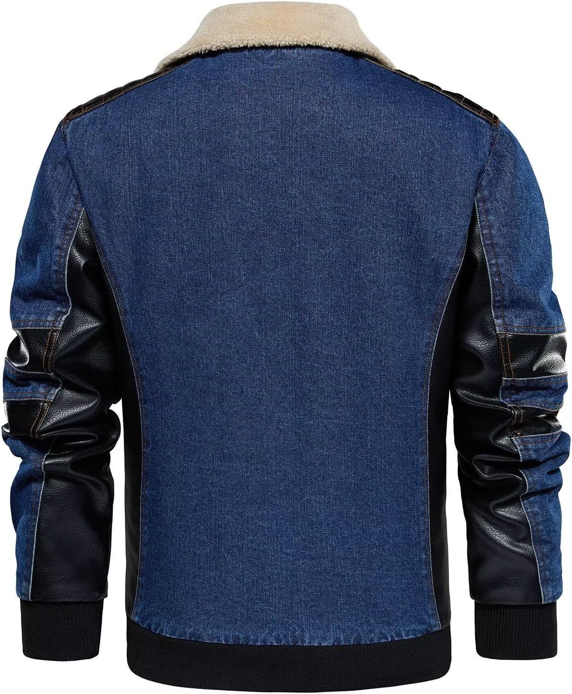 INVACHI Men's Denim Jaceket Vintage Fleece Lined Lapel Trucker Jacket with Leather Patchwork