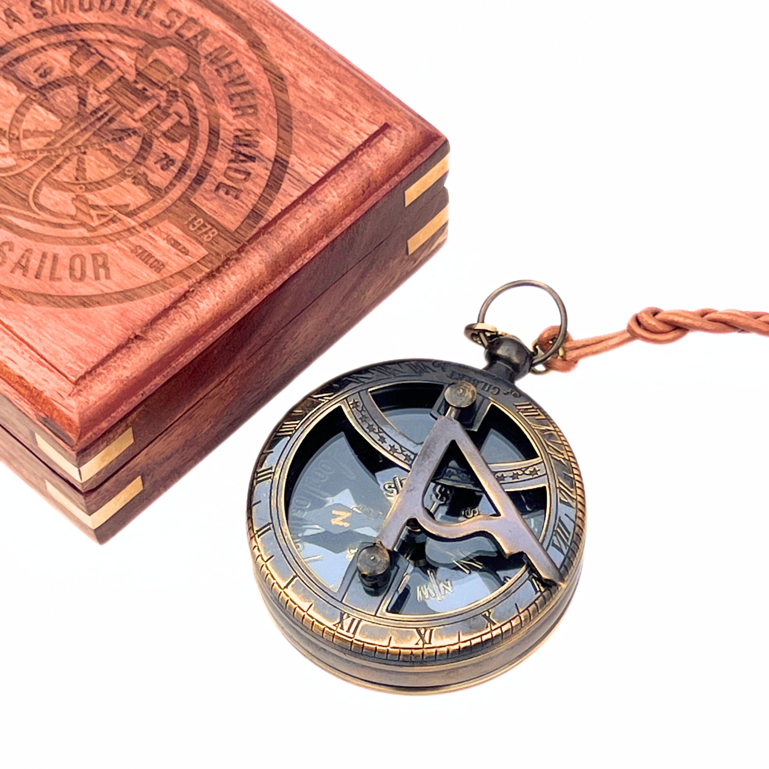 Antique Brass Sundial Compass with Leather Strap Engraved Wooden Box Vintage Navigation Tool for Hiking Camping Boating Nautical Decor Educational Use
