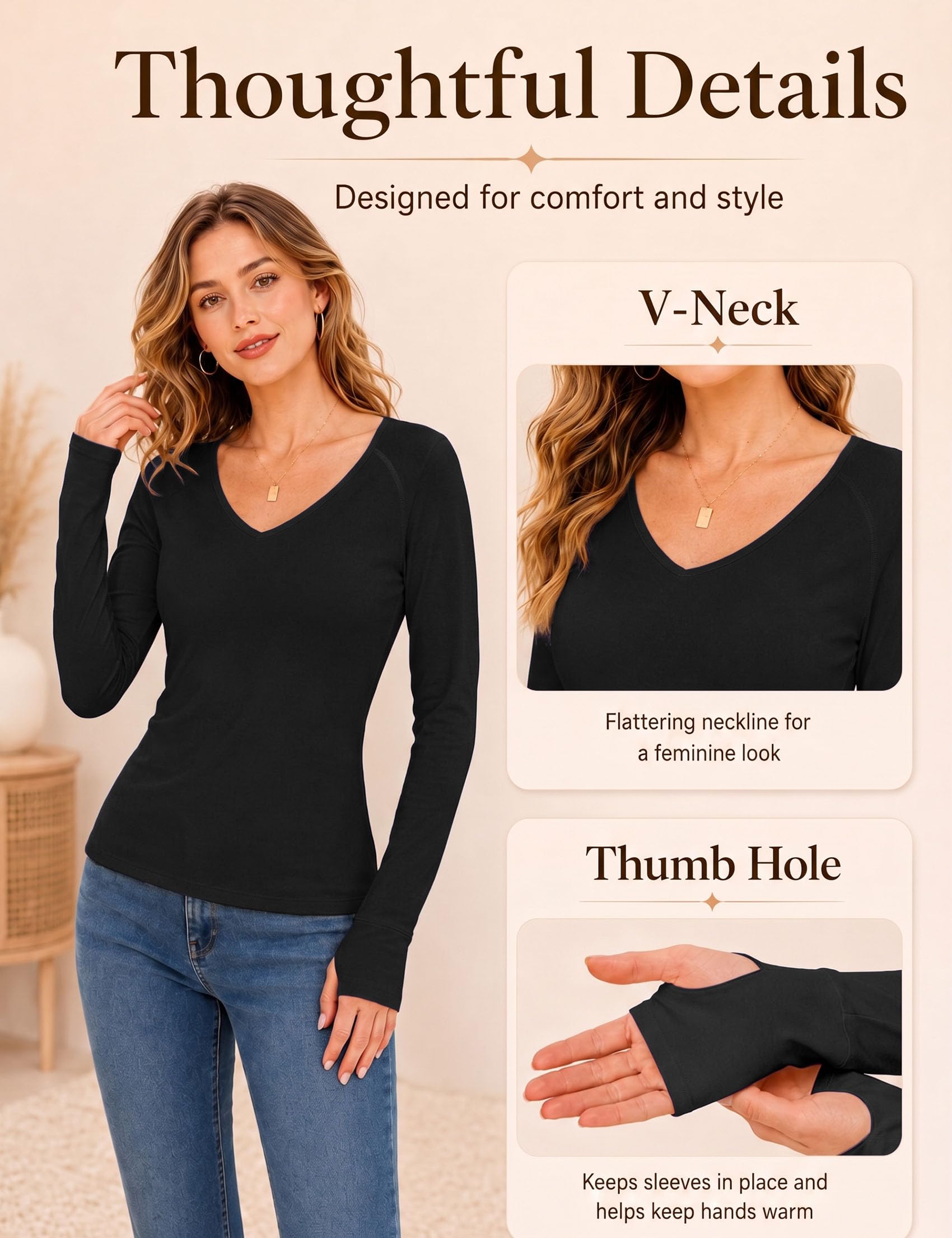 Haut Thermique Femme Col en V à Manches Longues avec Trous pour Les Pouces Basic Tee Shirt Léger Slim Fit sous-vêtement Thermique pour Hiver Automne