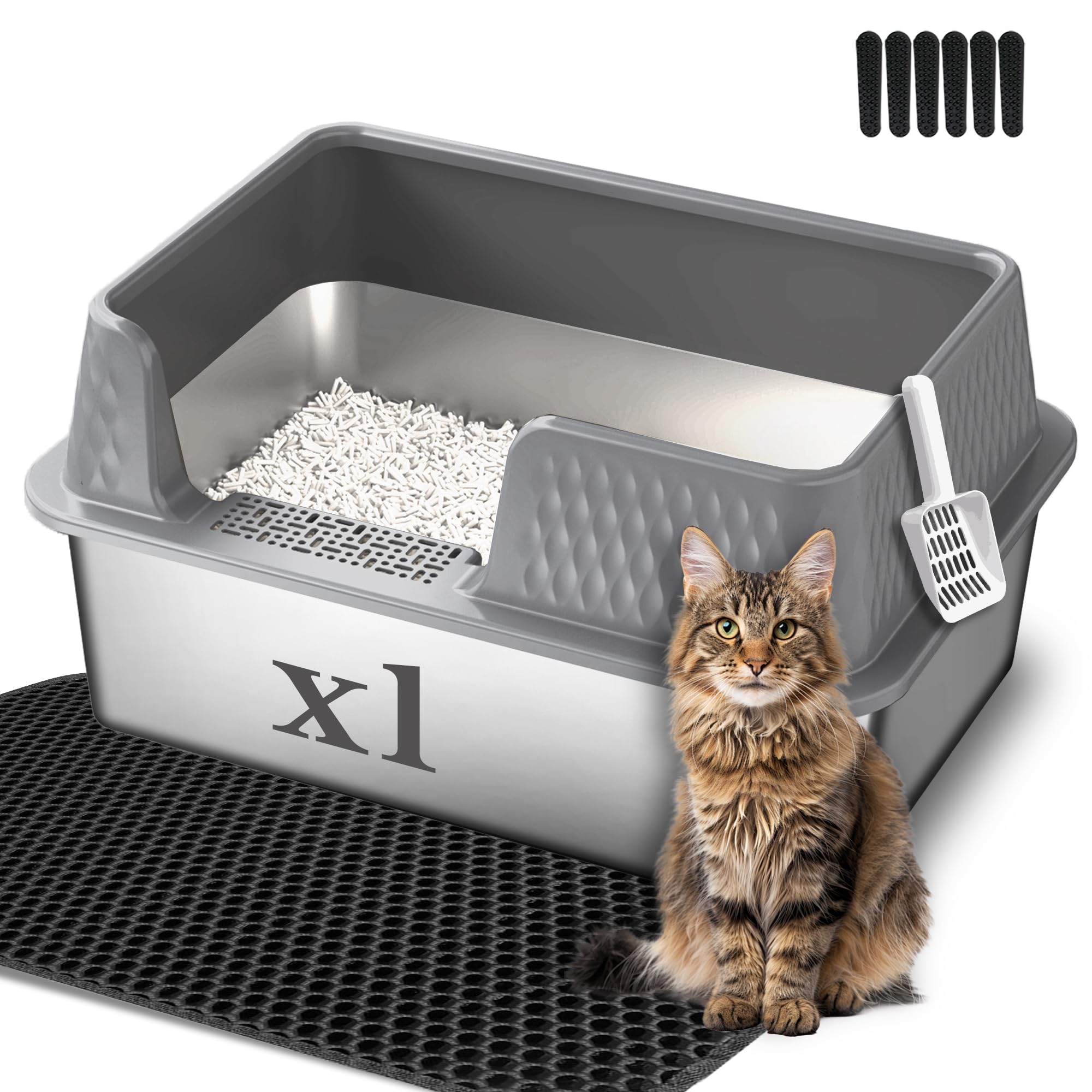 Suhaco Lettiera in Acciaio Inox per Gatti XL con Coperchio, Tappetino e Paletta - Lati Alti, Facile da Pulire (L, Grigio)
