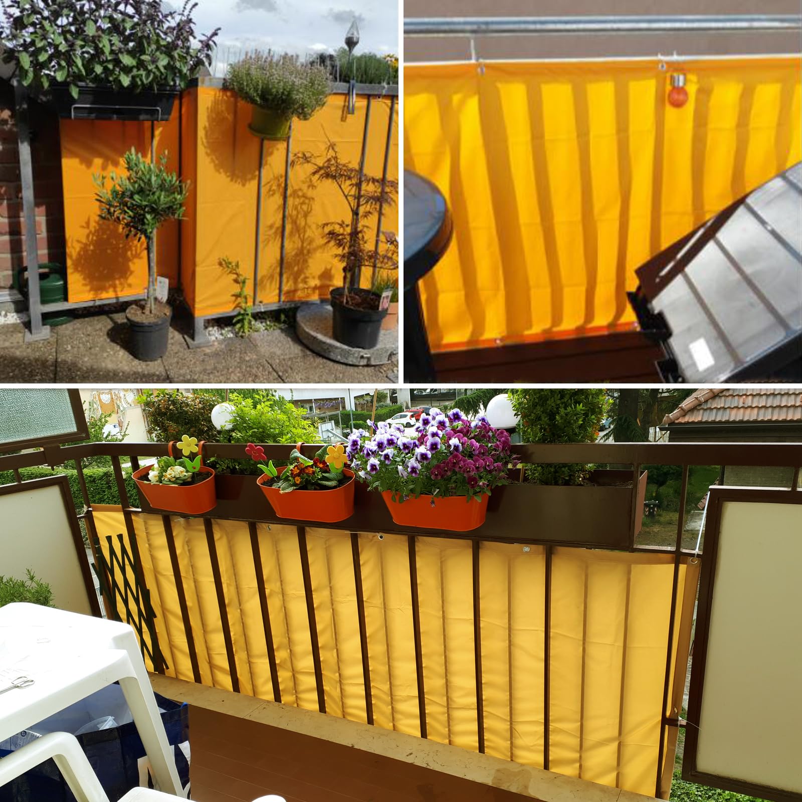 Wodoodporny, odporny na promieniowanie UV balkon -Vi 120 x 1000 cm z przelotkami i wiązaniami do ogrodu i na balkon - żółte rozwiązanie do zacienienia na zewnątrz