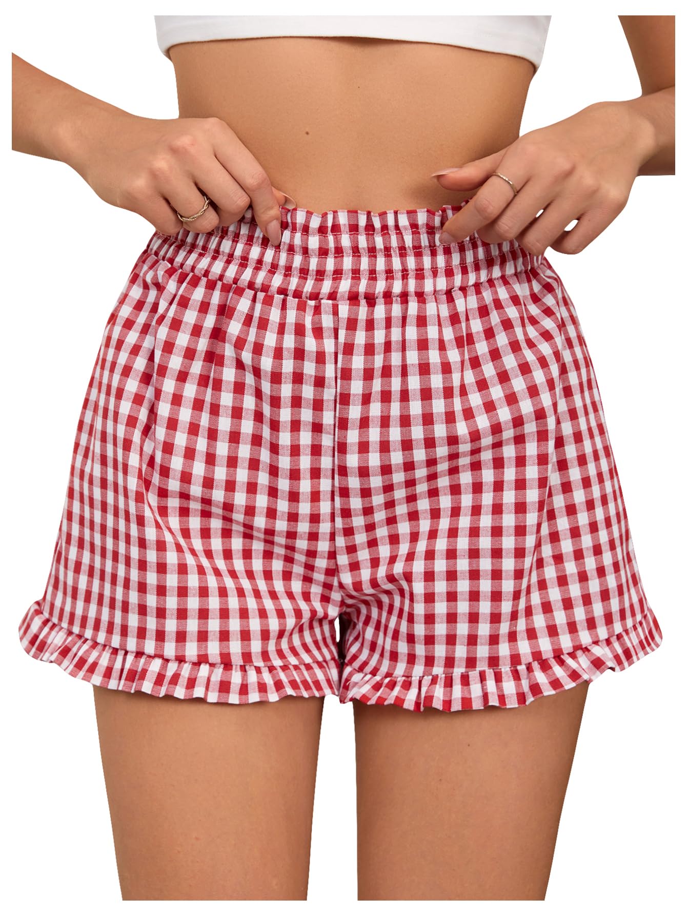 Women's Ruffle Boxer Shorts Gingham Plaid Pajama Lounge Shorts Y2K Sleep Bottoms-image-12