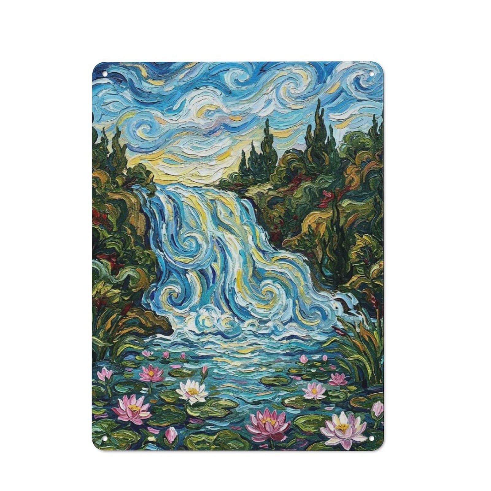 Impressionistic Waterfall with Water Lilies Retro Metal Wall Decor 40x30cm, Vintage Metal Sign for Cafe, Pub, Workshop Or Home Bar