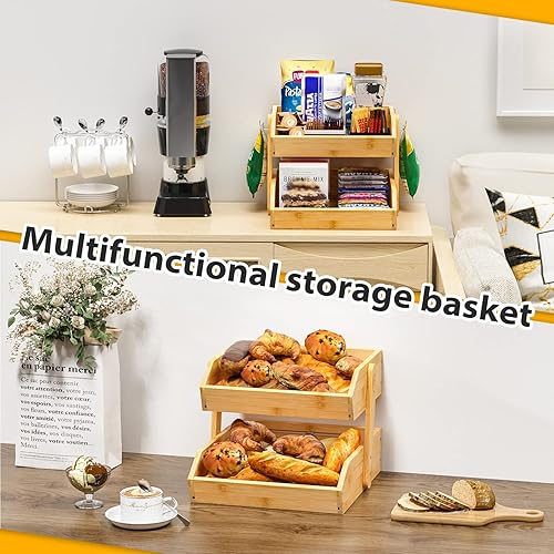 Miniatura 6 de Gmtsl Canasta de frutas de bambú para cocinaCuenco de frutas de 2 niveles para encimera de cocina, soporte de frutas grande con 2 colgadores de