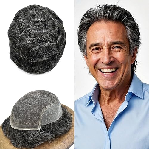 Cabello humano real suave encaje suizo tupé  postizo para hombre 7x9 densidad de luz media #1B30 1B negro apagado + 30% gris