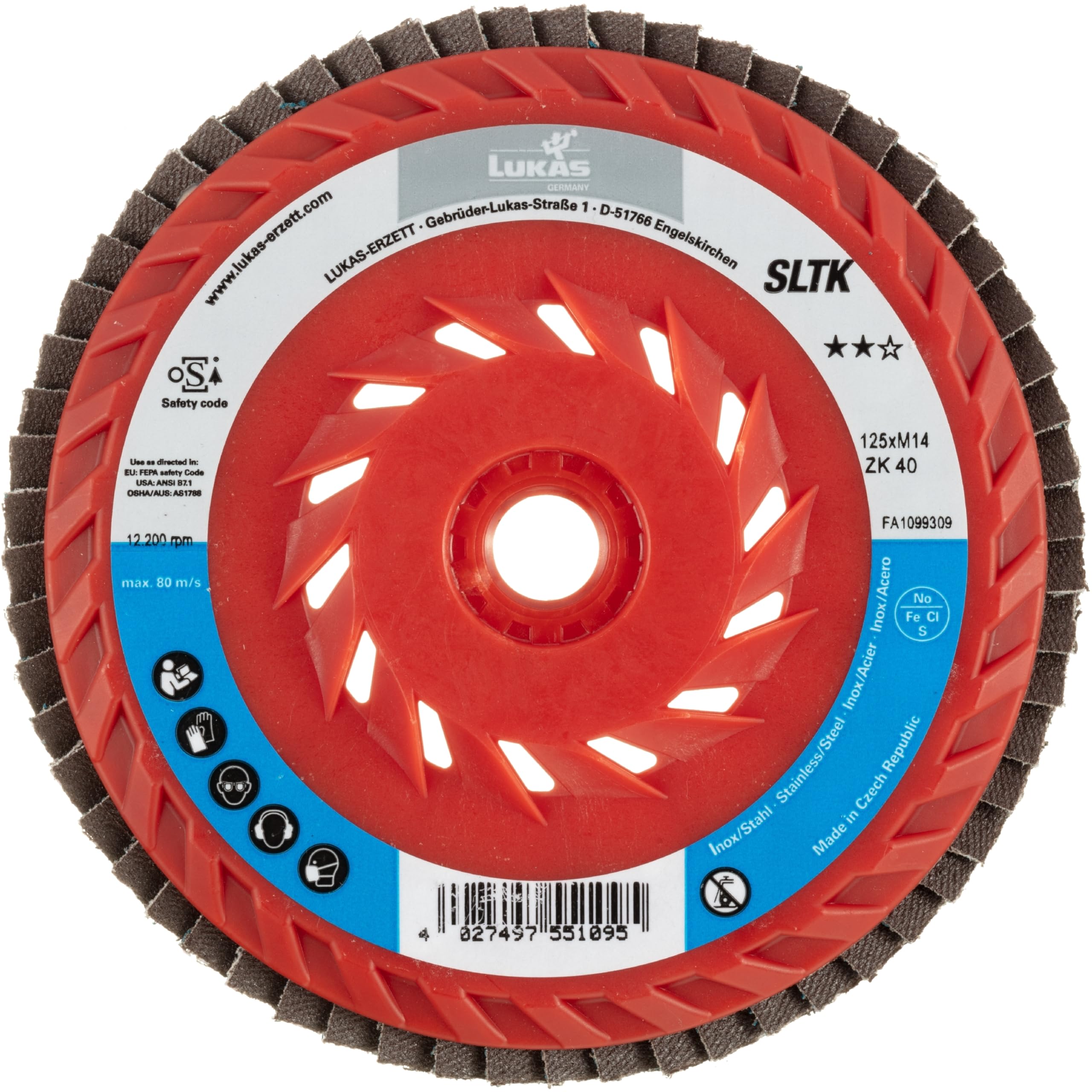 LUKAS-ERZETT Lot de 10 disques à lamelles SLTK universels Ø 125 mm avec poids M14, corindon de zircone, grain 60, droits, 13 x 12,5 x 17 cm