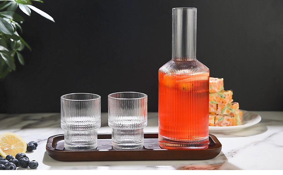 Kitchenexus Nachttisch-Karaffen-Set (590 Ml Krug + 153 Ml Glas) | Aus Verdicktem Glas, Mit Rautenmuster
