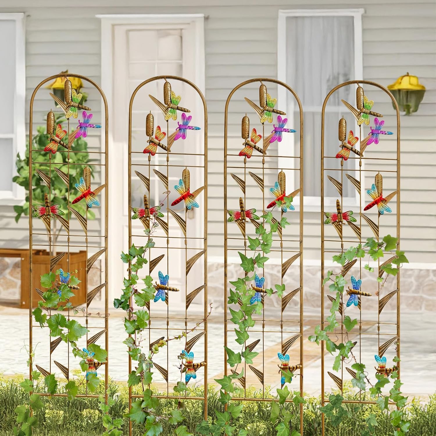4 Pack Metal Garden Trellis with Colorful Dragonfly Outdoor Decoration Arched Fence Trellis for Climbing Plants for Patio, Backyard