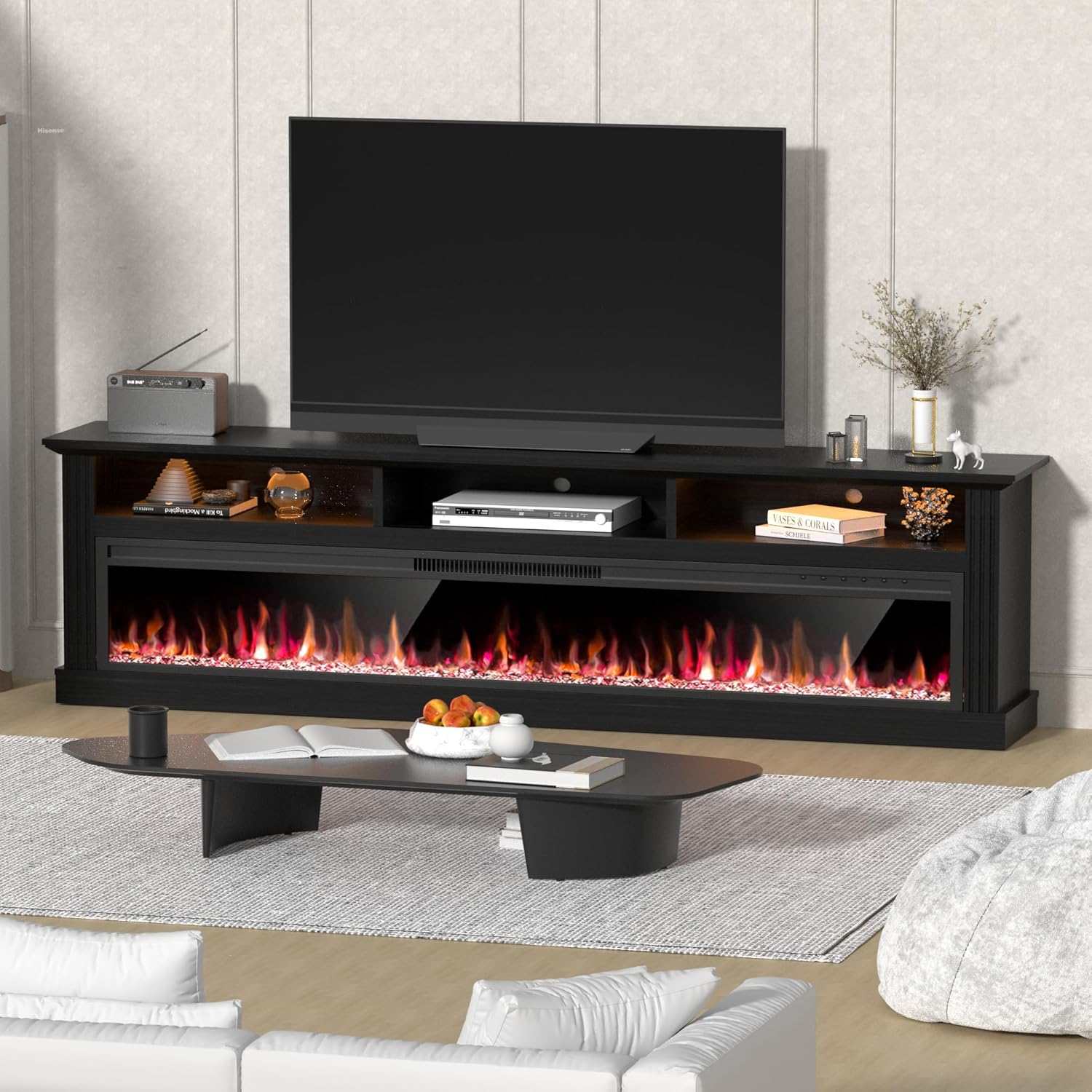 Spurgehom 70" Fireplace TV Stand for TVs Up to 80" with 64" Electric Fireplace,Black Entertainment Center,Led Light TV Consoles for Living Room,Farmhouse Media Console Table,Crystals