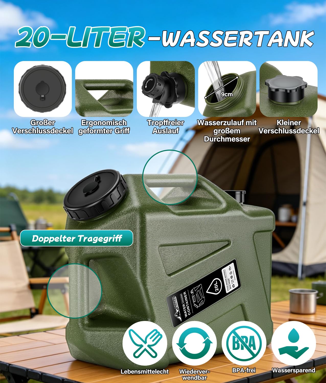WADEO Campingdusche mit Pumpe und robustem Wassertank 20L, Tragbare Camping Dusche Outdoor Set mit Duschpumpe und Wasserbehälter Kanister, für Camping, Wandern, Garten, Strand, Autowaschen, Notfälle
