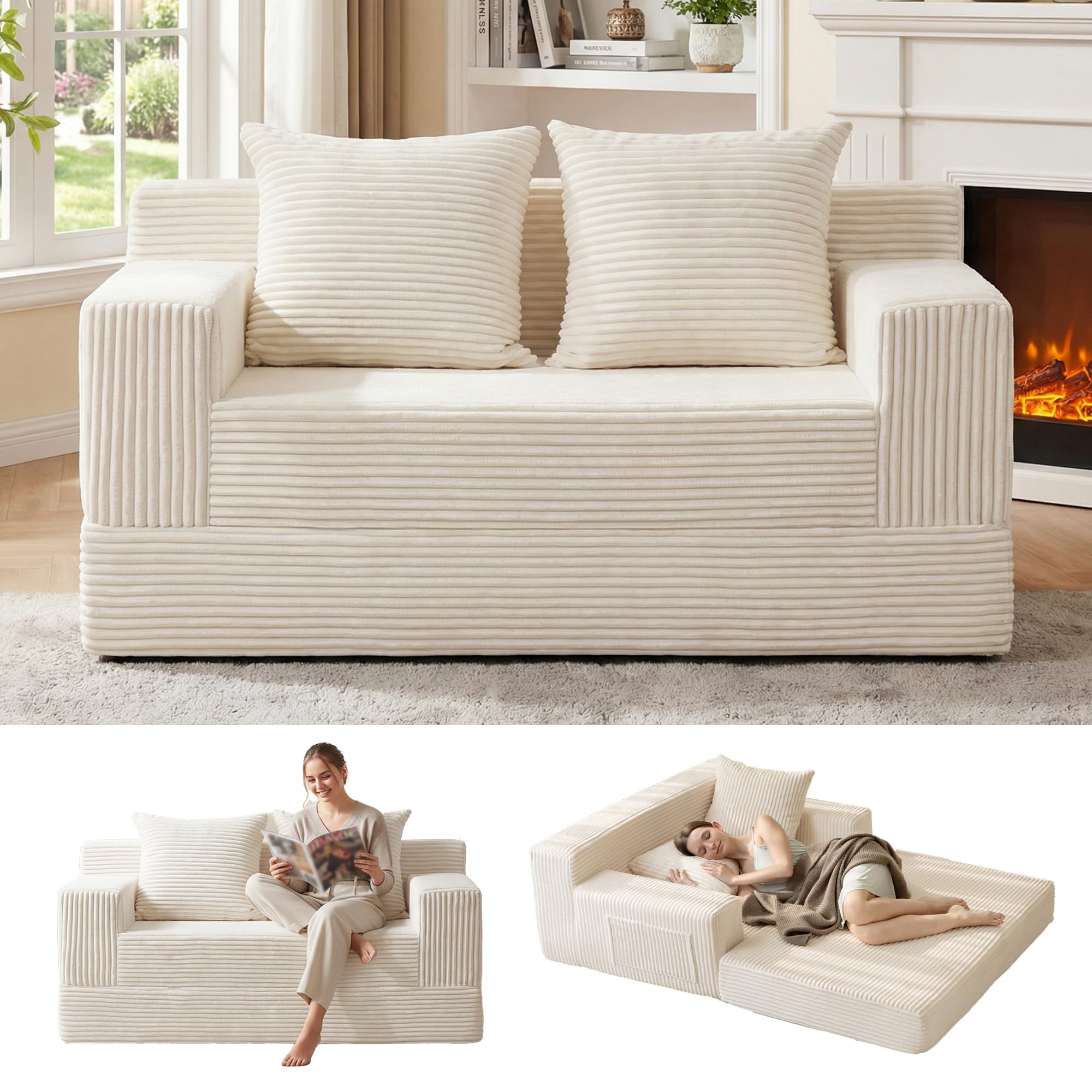 Erament Convertible Sofa Bed, Loveseat Folding Floor Futon Sleeper Sofa Couch Bed- Boneless Foldable Couch, Corduroy Pull Out Sofa Bed with 2 Pillows for Living Room & Bedroom