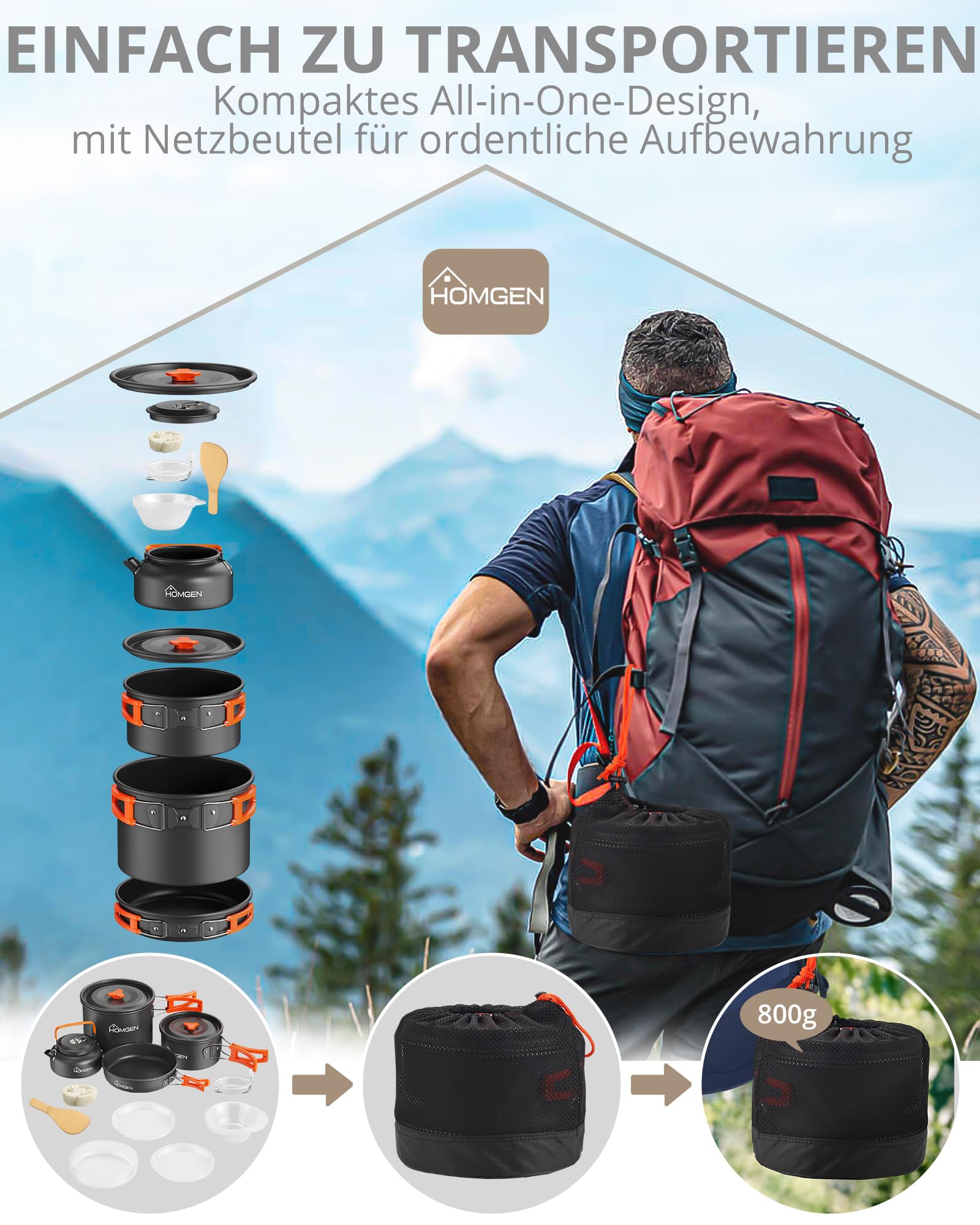 HOMGEN Camping Kochgeschirr Set für 4–5 Personen, Aluminium Camping Topfset mit Töpfe Wasserkessel, Teller, Schalen, Outdoor Kochset für Camping, Wandern, Picknick, Backpacking, Angeln