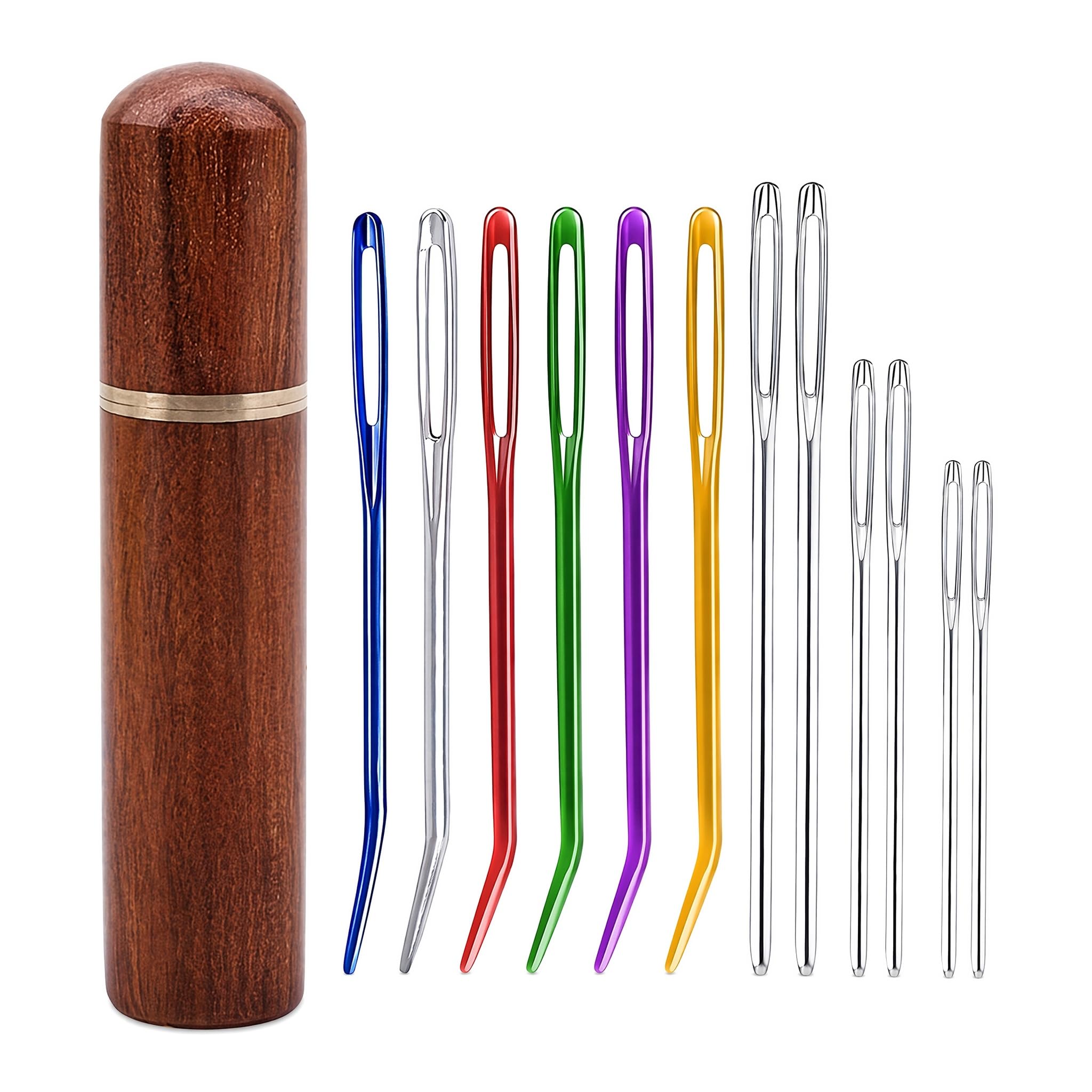 12pcs Large Eye Blunt Tapestry Needle Kit, Huefrifo Darning Needles for Wool with Bent Embroidery Needles & Wooden Case for Sewing up Knitting, Crochet Darning and Yarn Repair Projects
