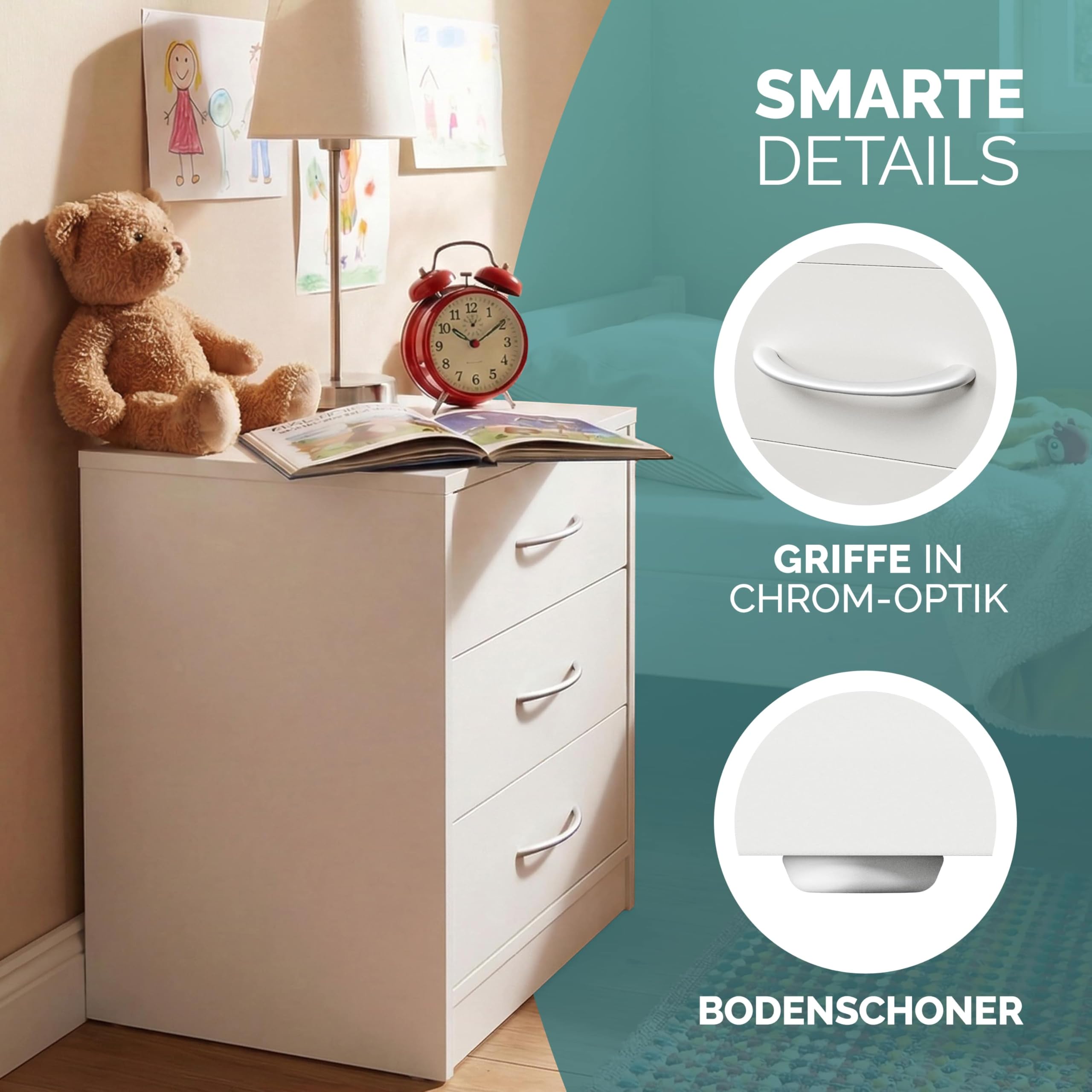 Casaria® Nachttisch Weiß LED 3 Schubladen Kabelführung Wandbefestigung Boxspringbett Schlafzimmer Nachtschrank Nachtkonsole Nachtkommode Holz 54x39x28cm