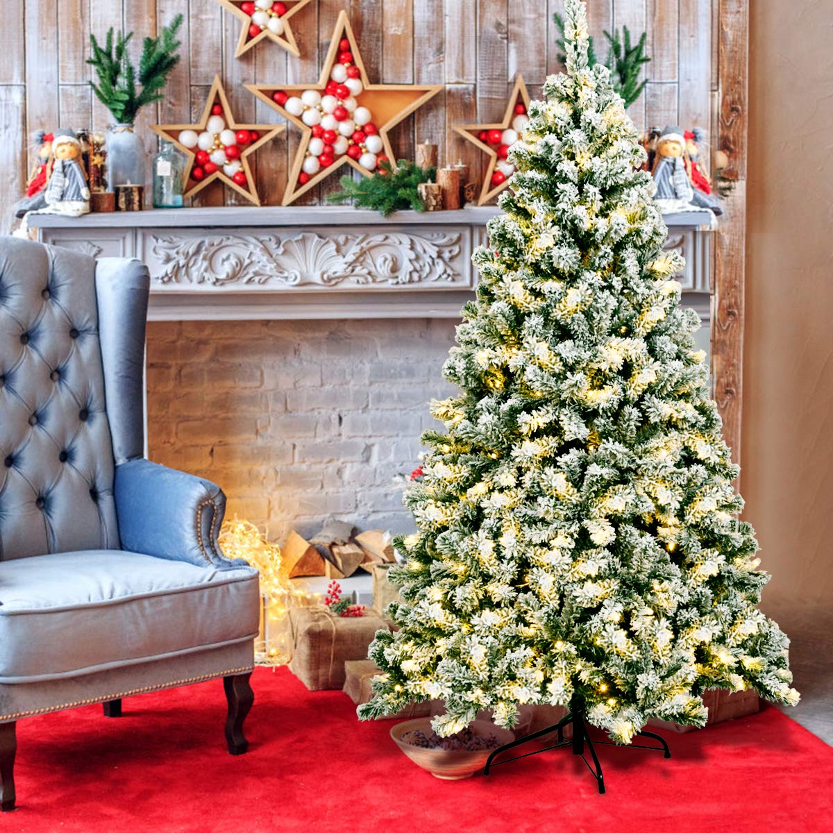 LIFEZEAL Sapin de Noël Artificiel 140/180/225 cm, Arbre de Noël avec Système de Pliage, Décoration de Noël avec Support en Métal (Vert+Blanc|avec LED, 180cm)