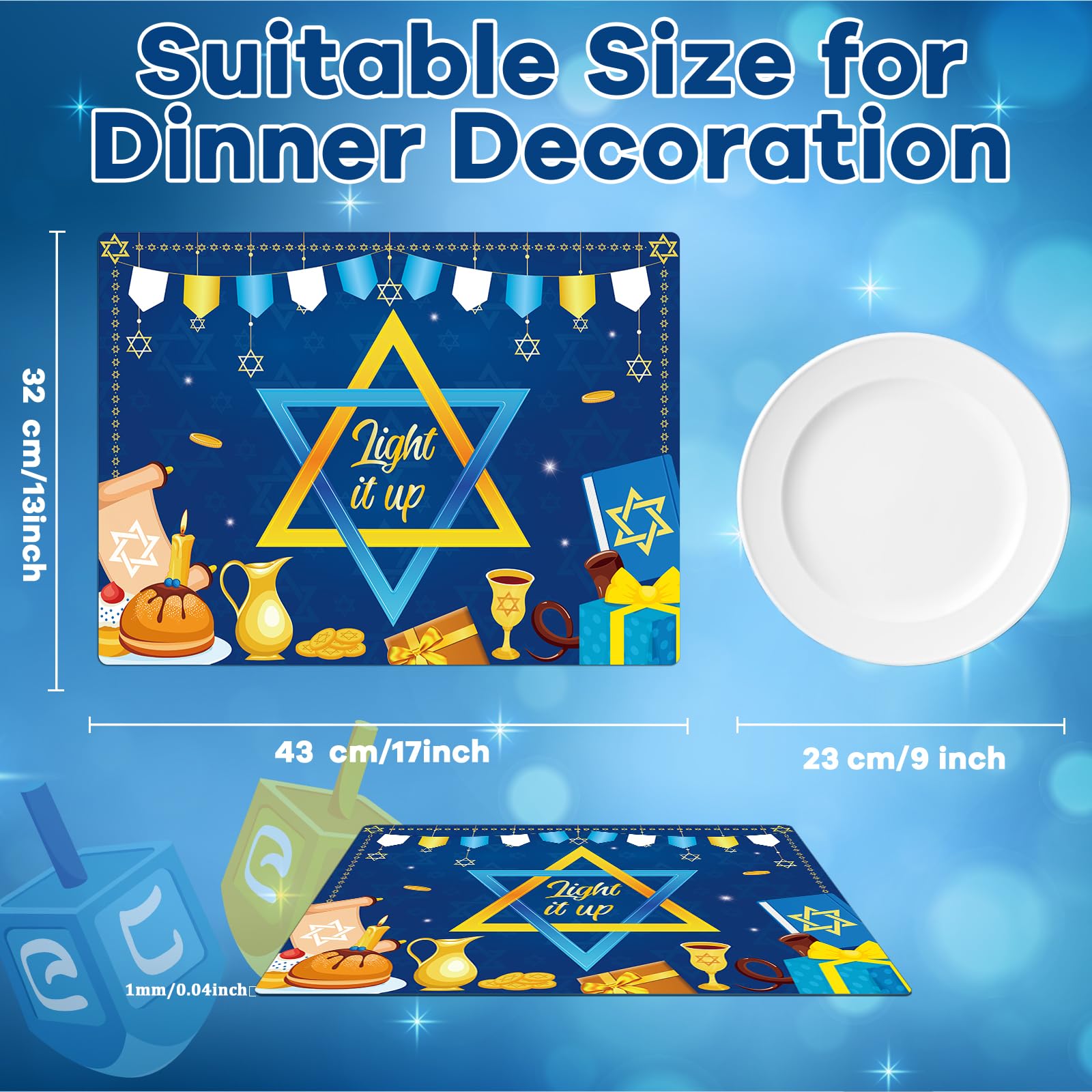 Hanukkah - Juego de 6 manteles individuales de plástico reciclables, lavables, decoración de mesa de vacaciones para interiores y exteriores, fiesta de Hanukkah, cocina, mesa de comedor