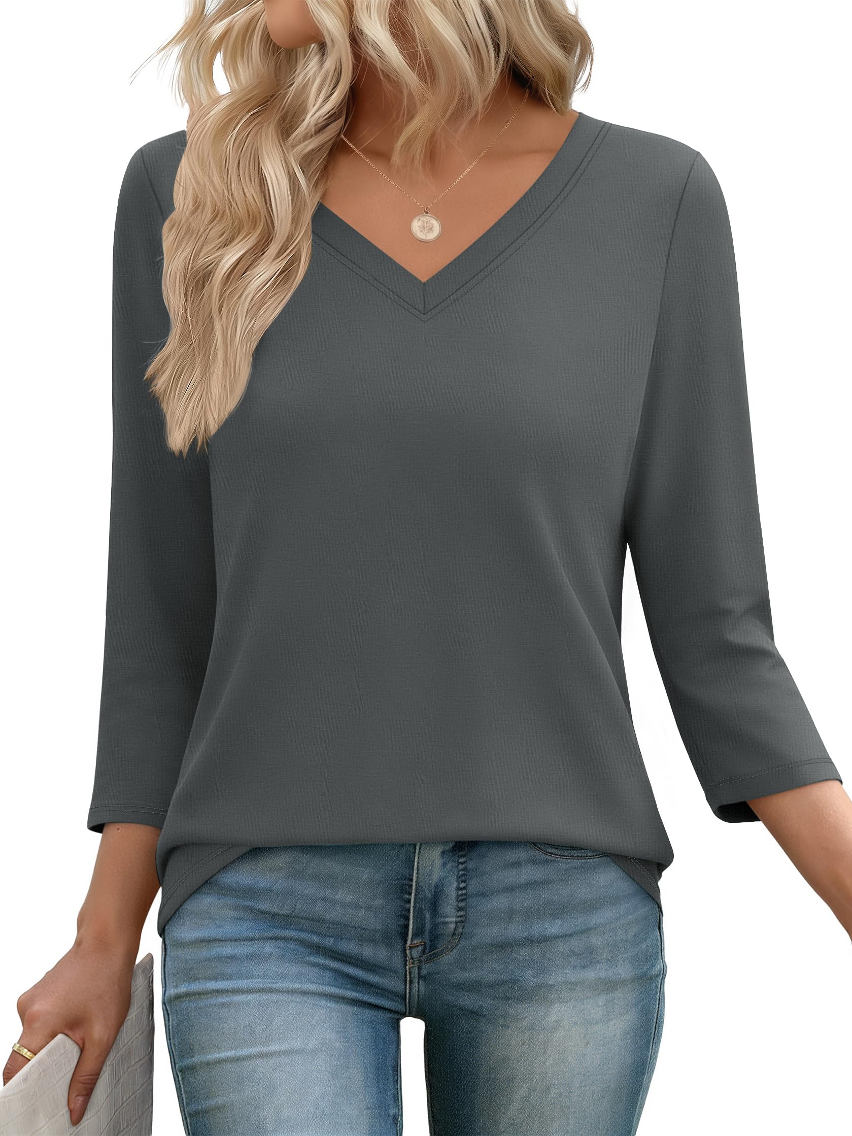 YUCOLEN 3/4 Length Sleeve Womens Tops V Neck T Shirts Dressy Casual Blouses for Women Summer Clothes Cotton Basic Tees