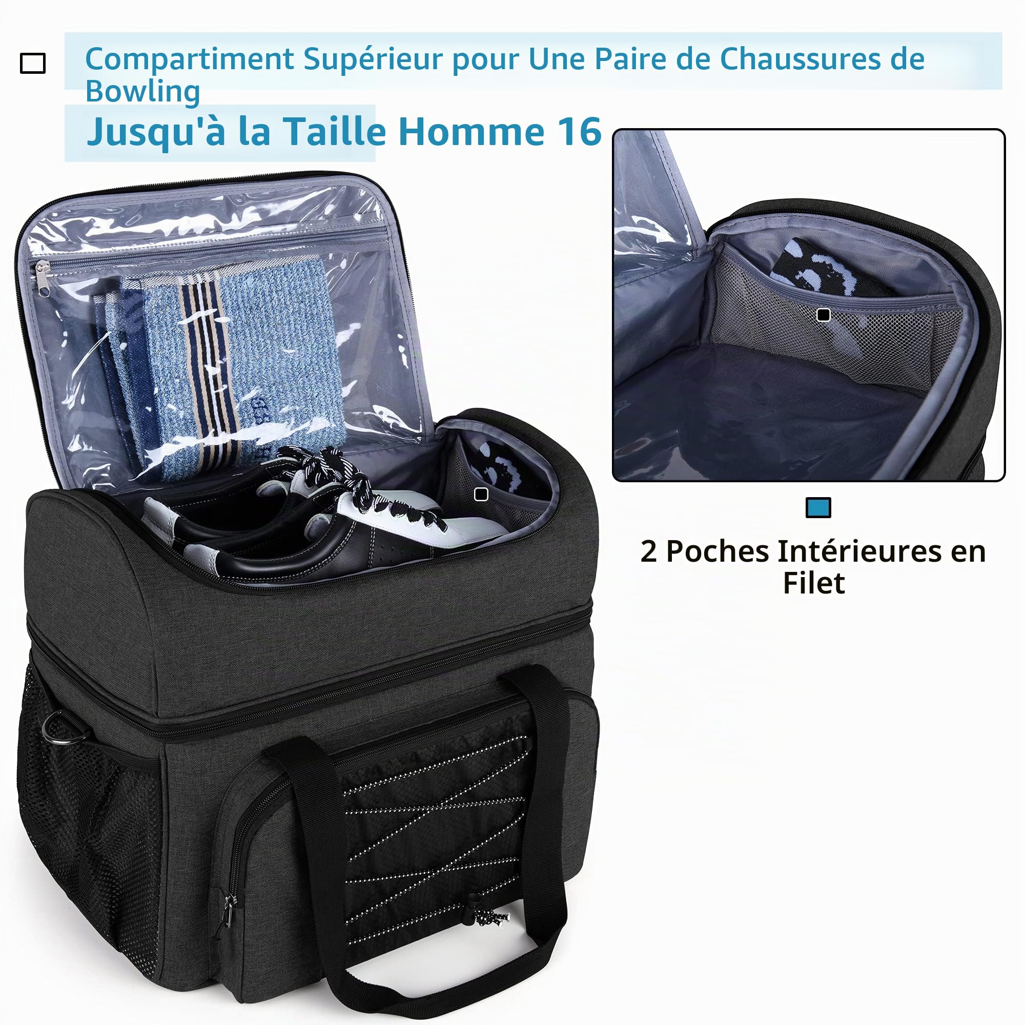 DSLEAF Sac de Bowling pour 2 Boules Fourre-Tout Bowling avec Gobelets en Bois et Séparateur Rembourré