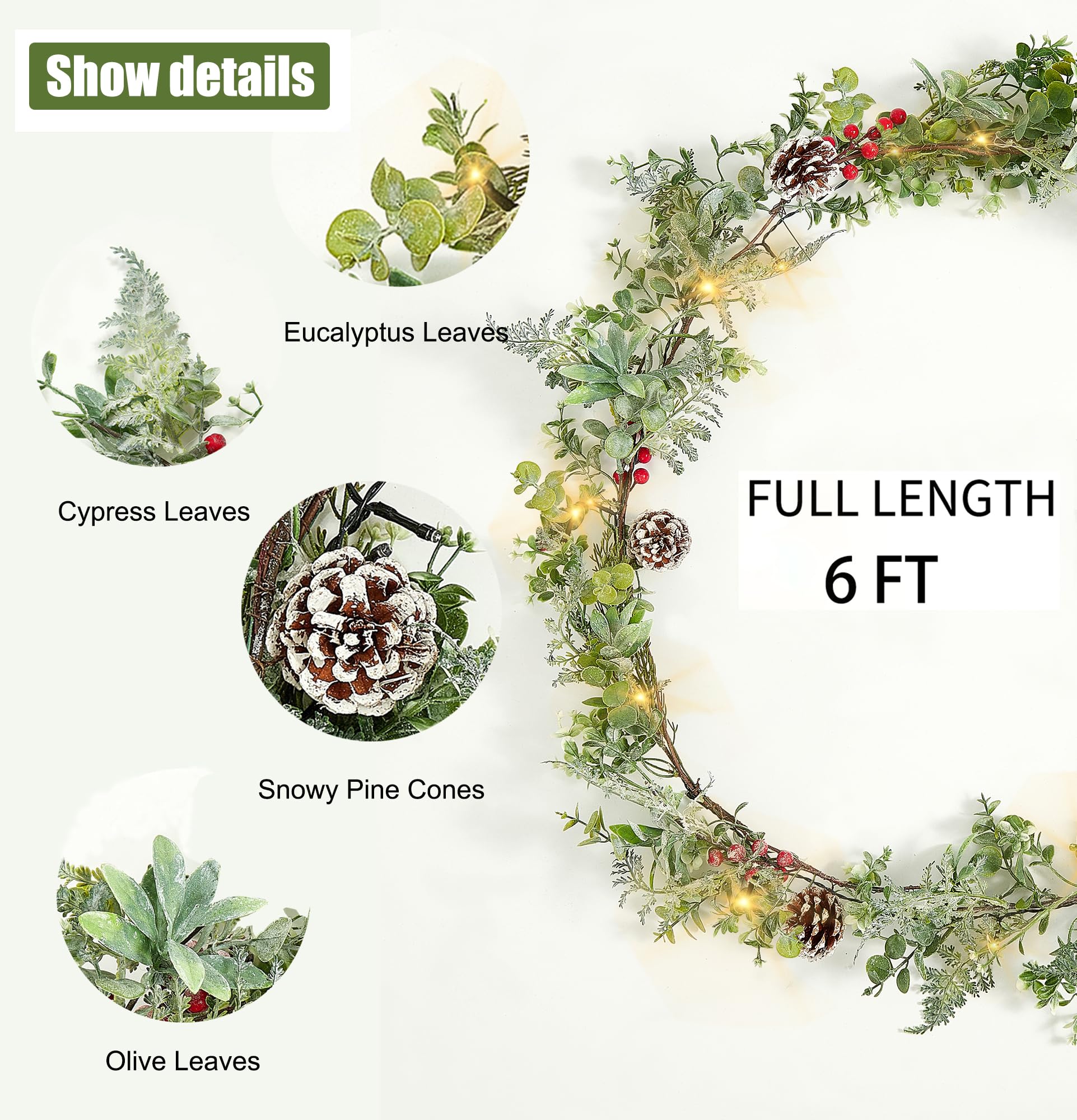 GODKOL Olive Christmas Garland with Lights, 6FT 20 LED Battery Operated Prelit Garland, Lighted Garland for Christmas Holiday Mantel Wedding Party Indoor Decoration