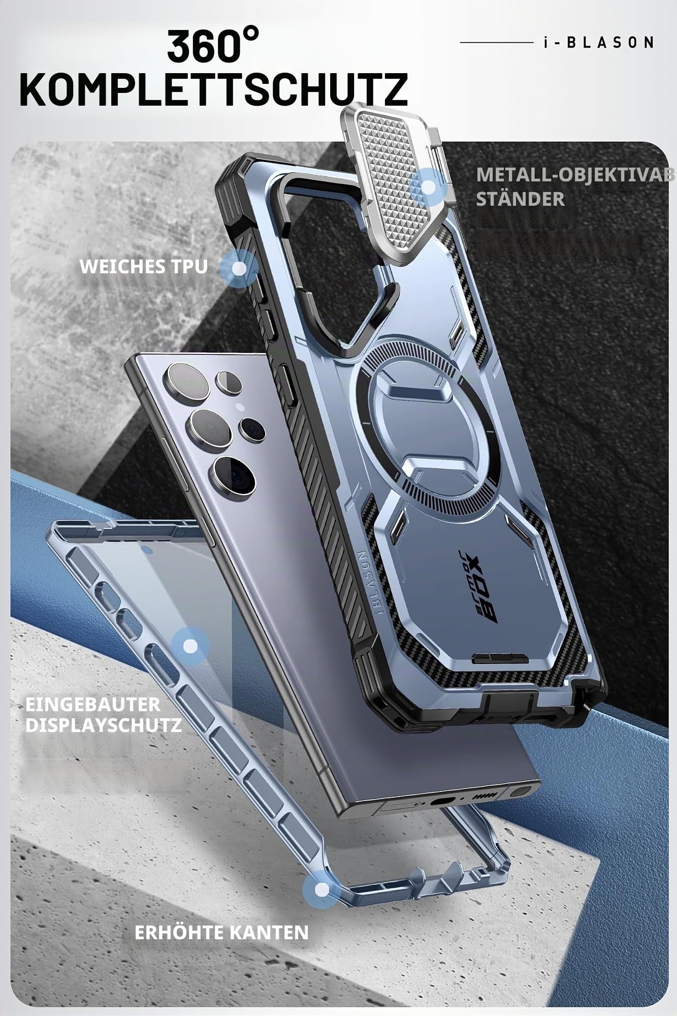 i-Blason Armorbox Schutzhülle für Samsung Galaxy S24 Ultra, MagSafe mit Kamera-Abdeckung, Ständer, [unterstützt kabelloses Ladegerät], 360-Grad-Ganzkörper-Hülle mit Displayschutzfolie und Ständer,