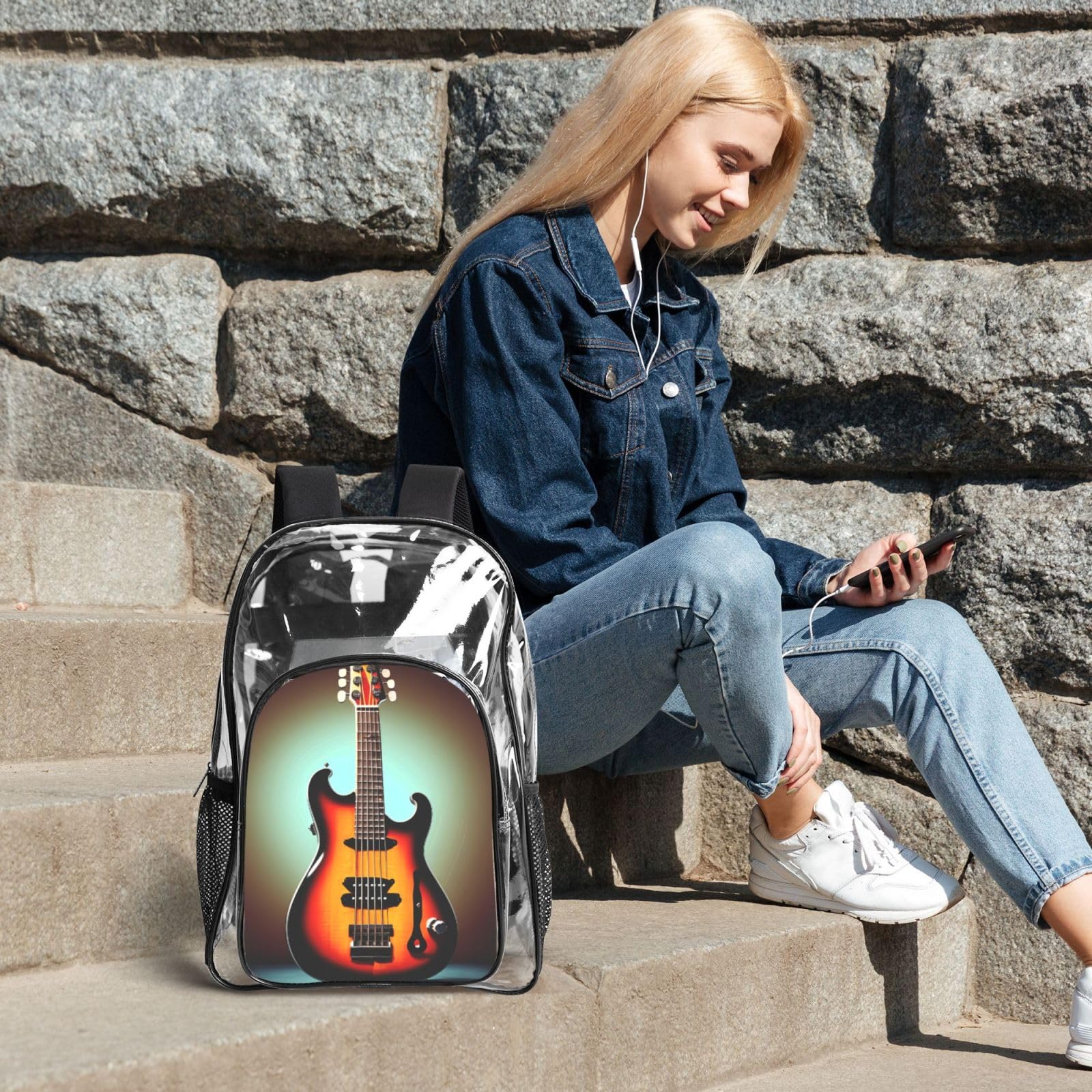 Gitara basowa muzyka instrument muzyczny nadruk przezroczysty lekka 3-częściowa torba na lunch Combo przezroczysty plecak zestaw szkolny podróż