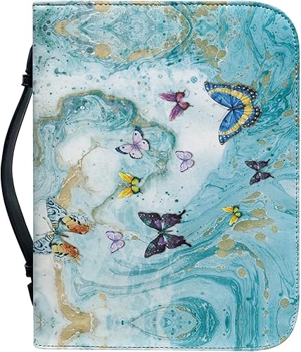 Miniatura 2 de Funda de cuero para la Biblia de mariposa azul para mujer, funda de la Biblia de mármol con asa, ranura para bolígrafo, cubierta para libros, fundas