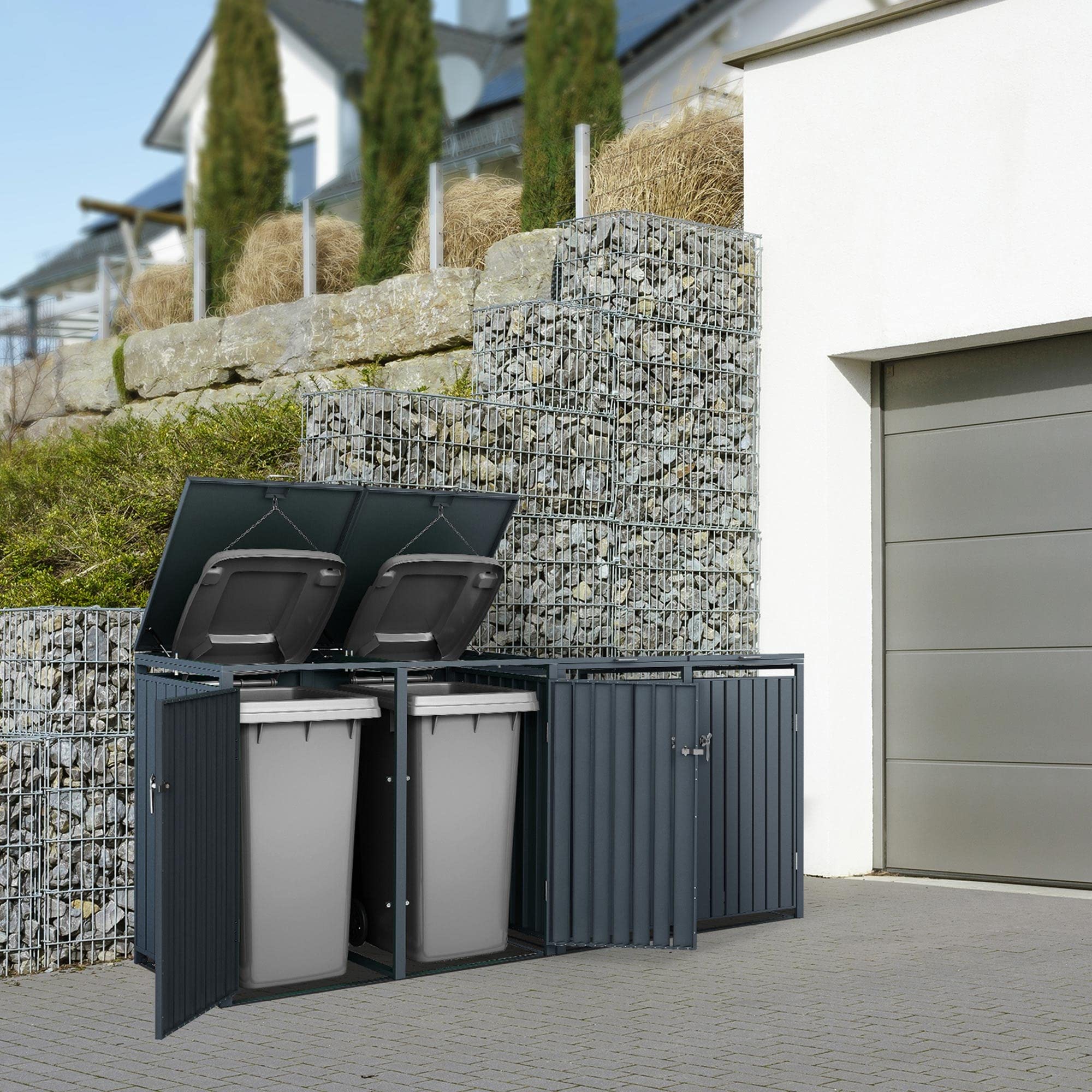 ML-Design Box pour 4 Poubelles, 240L, 264x80x116,3 cm, en Acier, Anthracite, Résistant aux Intempéries, Habillage de Poubelle avec Couvercle Rabattable/4 Portes, Conteneur Abri Hangar Cache-Poubelle
