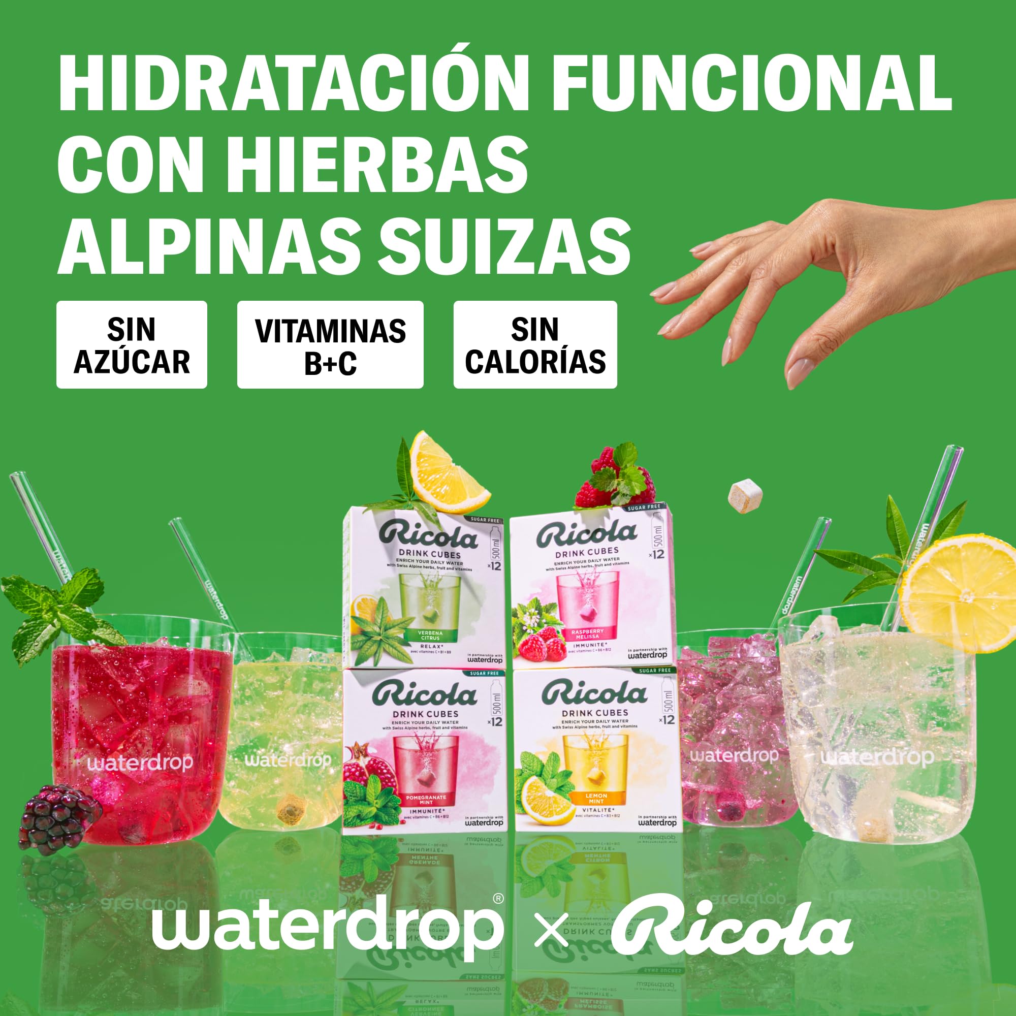 waterdrop® x Ricola, 48 Pastillas Saborizantes Agua, Bebidas Instantaneas Mix 4 Sabores Naturales: Frambuesa, Verbena, Granada, Menta-Limón. Sin Azúcar, baja en calorías con vitaminas
