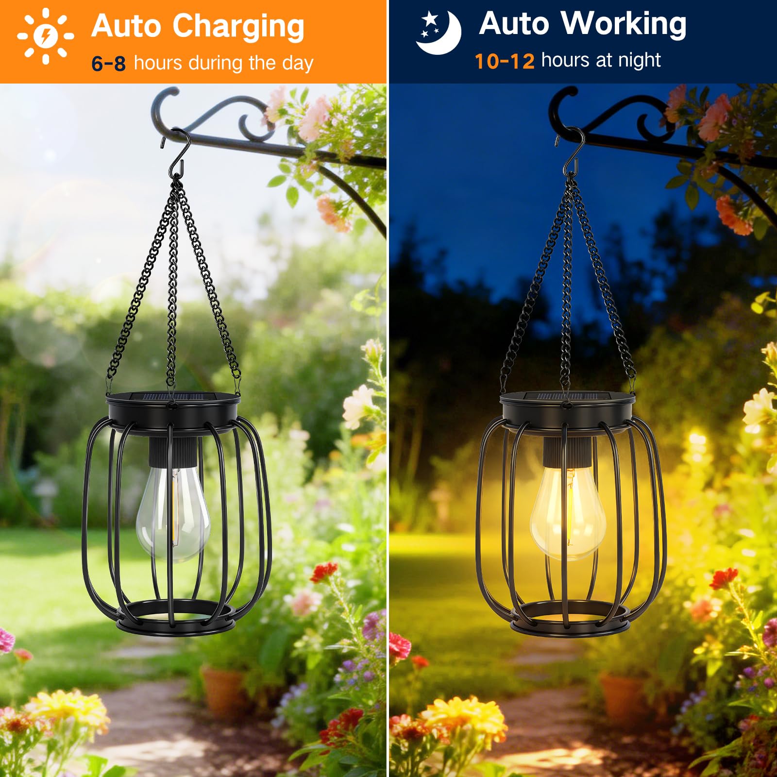 Lanterna Solare da Esterno, Metallo Impermeabile, LED Bianco Caldo, Accensione/Spengimento Automatico, Lanterna Decorativa Luminosa per Giardino, Patio, Cortile, Veranda, 2 Pezzi