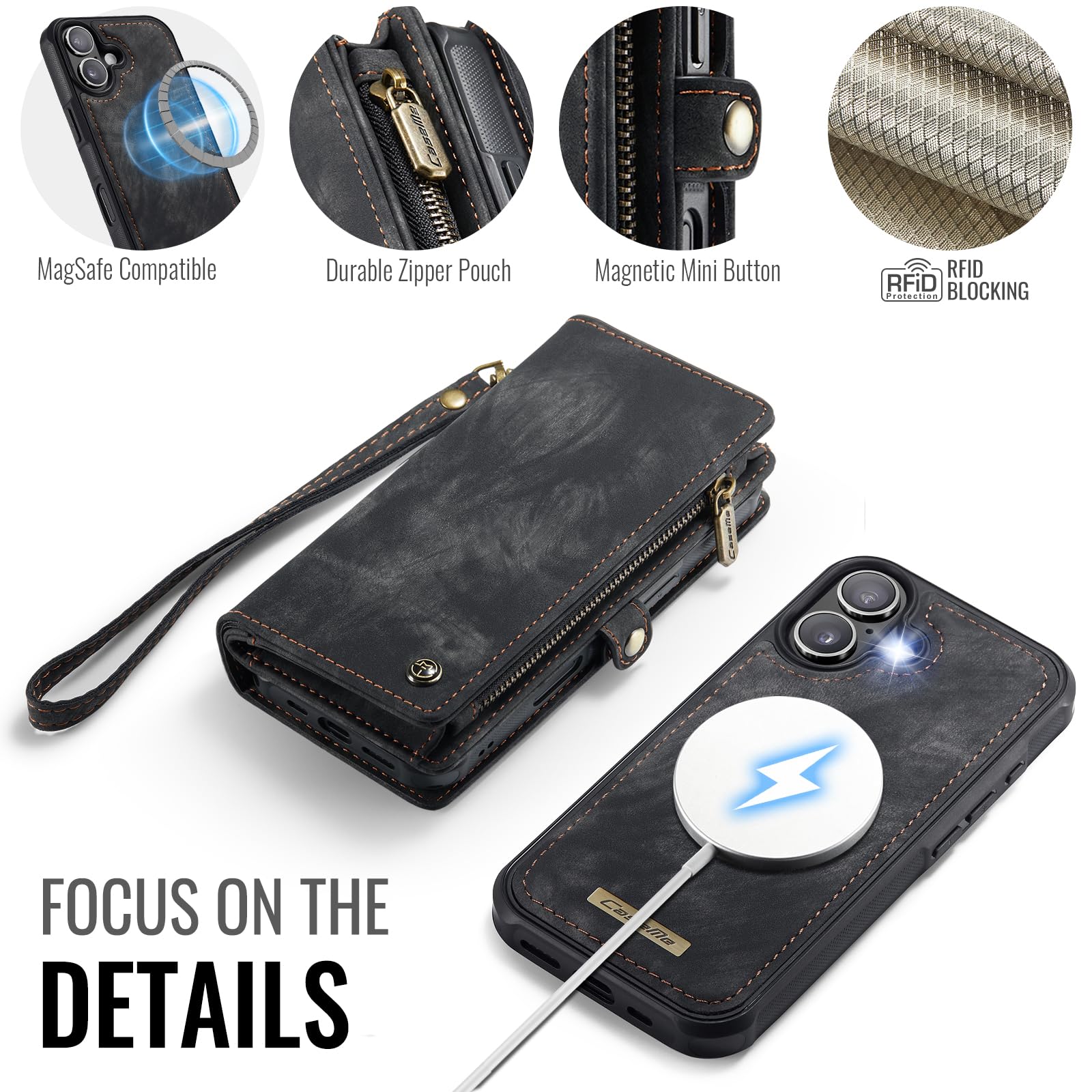 Etui portfelowe na iPhone'a 17 z 8 przegródkami na karty, magnetyczne zamknięcie, kieszeń na zamek błyskawiczny, odpinane magnetyczne wzornictwo 2 w 1, wysokiej jakości skóra PU, z paskiem na
