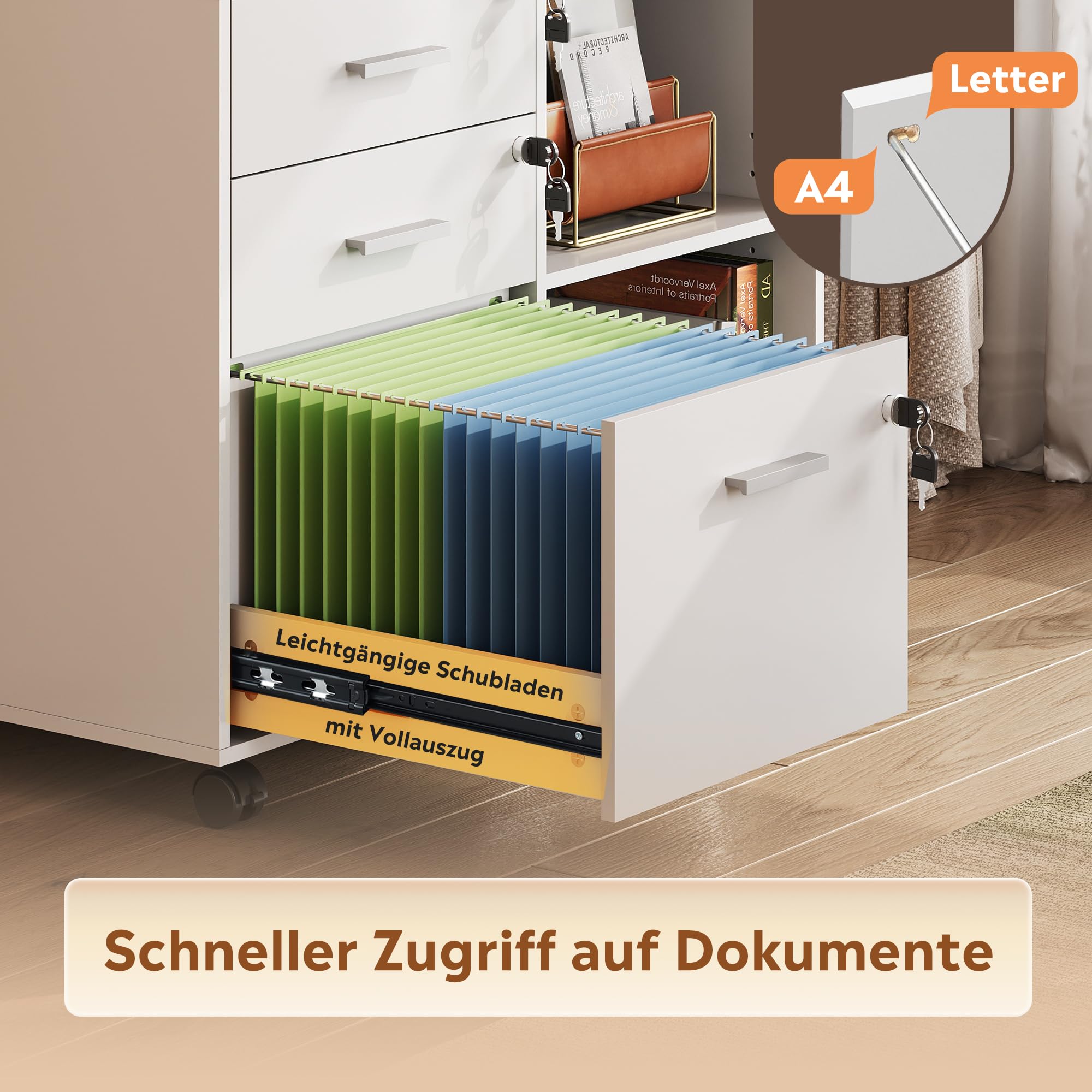DEVAISE Rollcontainer mit 3 Schubladen und offenen Ablagen, Mobiler Aktenschrank mit Rollen, Druckertisch für DIN A4/Legal/Letter, Abschließbarer Schrank für Büro und Home Office, Weiß
