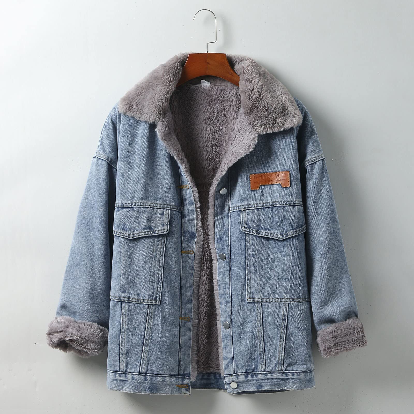 Chaqueta vaquera vintage para mujer, forro de invierno, chaqueta de entretiempo, ligera, básica, chaqueta vaquera de invierno, gruesa de manga larga