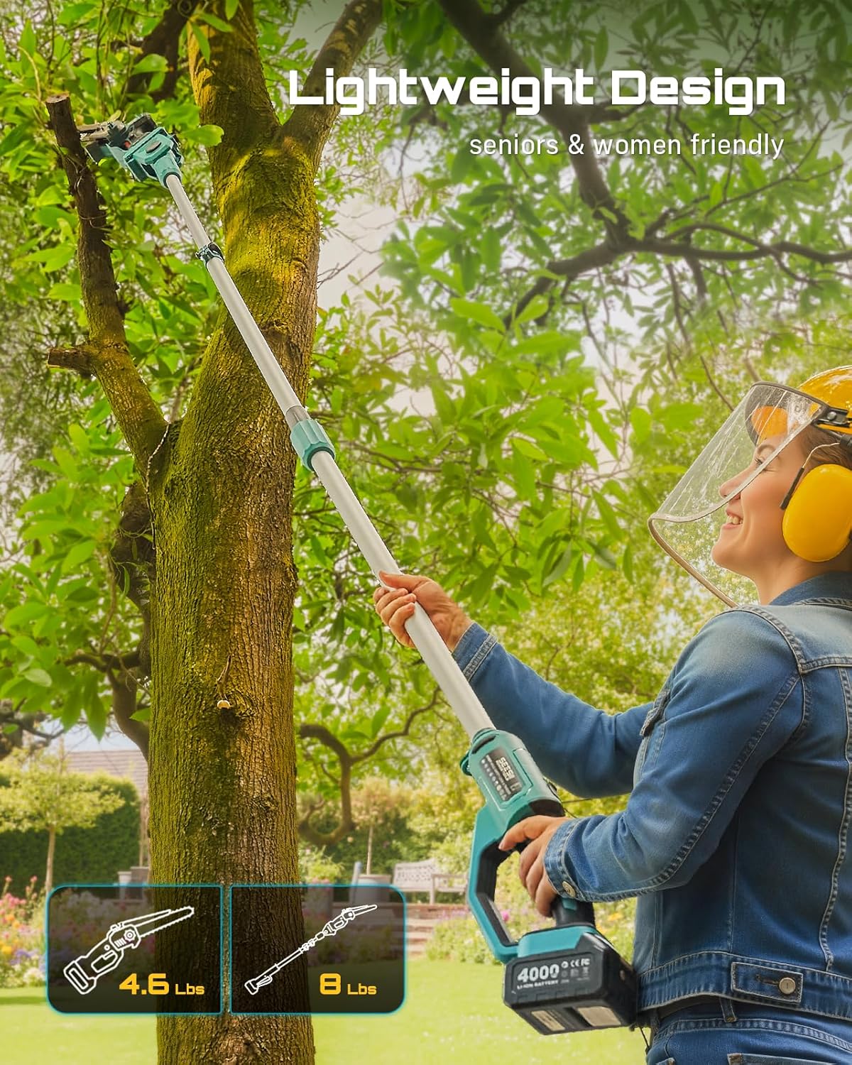 SEESII 10-Inch 2-in-1 Cordless Pole Saw & Mini Chainsaw, 21V Battery Powered Brushless Electric Tree Trimmer with Extension Pole, 2×4000mAh Batteries, Automatic Oiling,Lightweight Handheld Pruner - Image 8