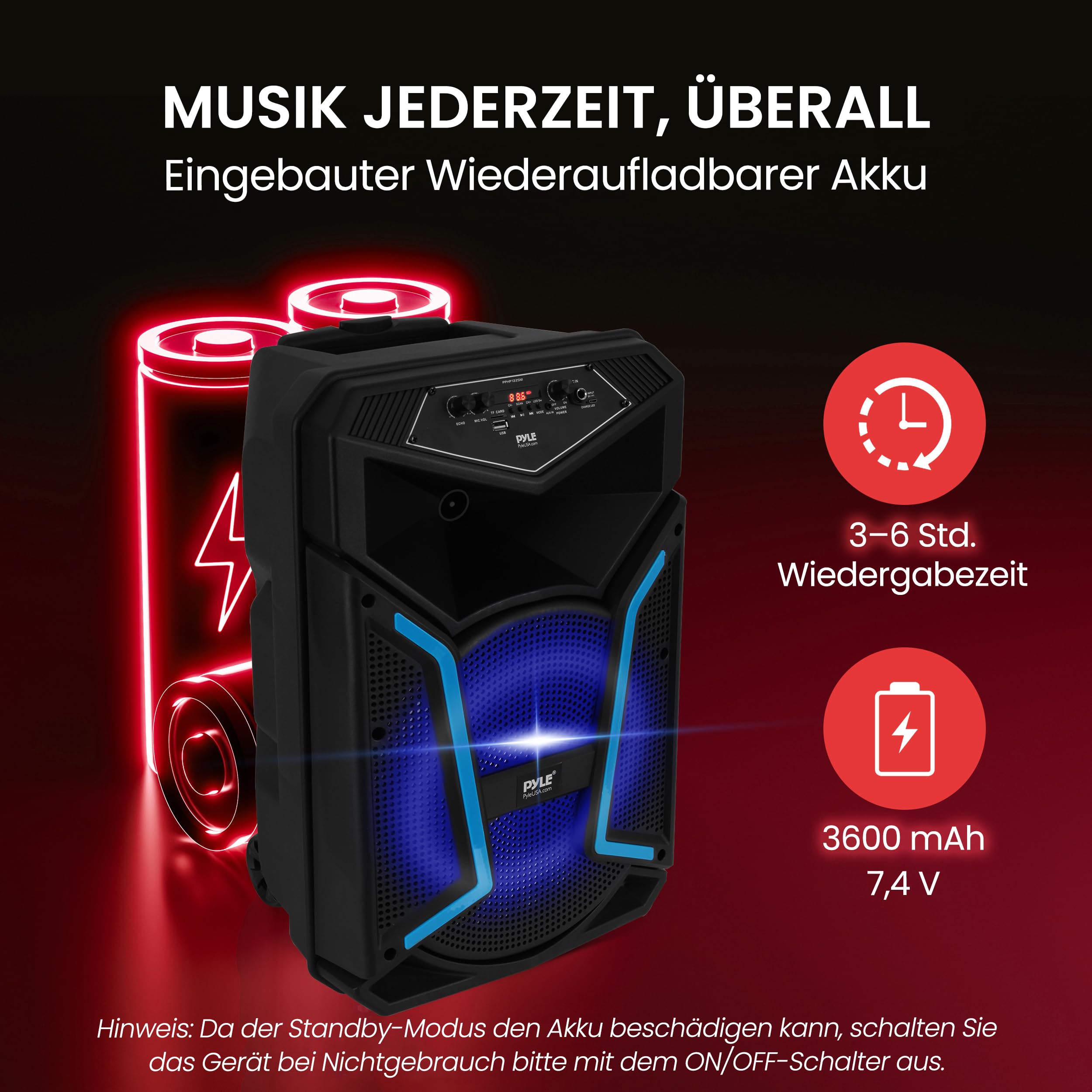 Pyle Partybox Bluetooth 12 Zoll 800W Lautsprecher – Leistungsstarke PA Anlage mit Akku, Mikrofon, LED Lichteffekte, USB, AUX, FM Radio, Rollen & Teleskopgriff