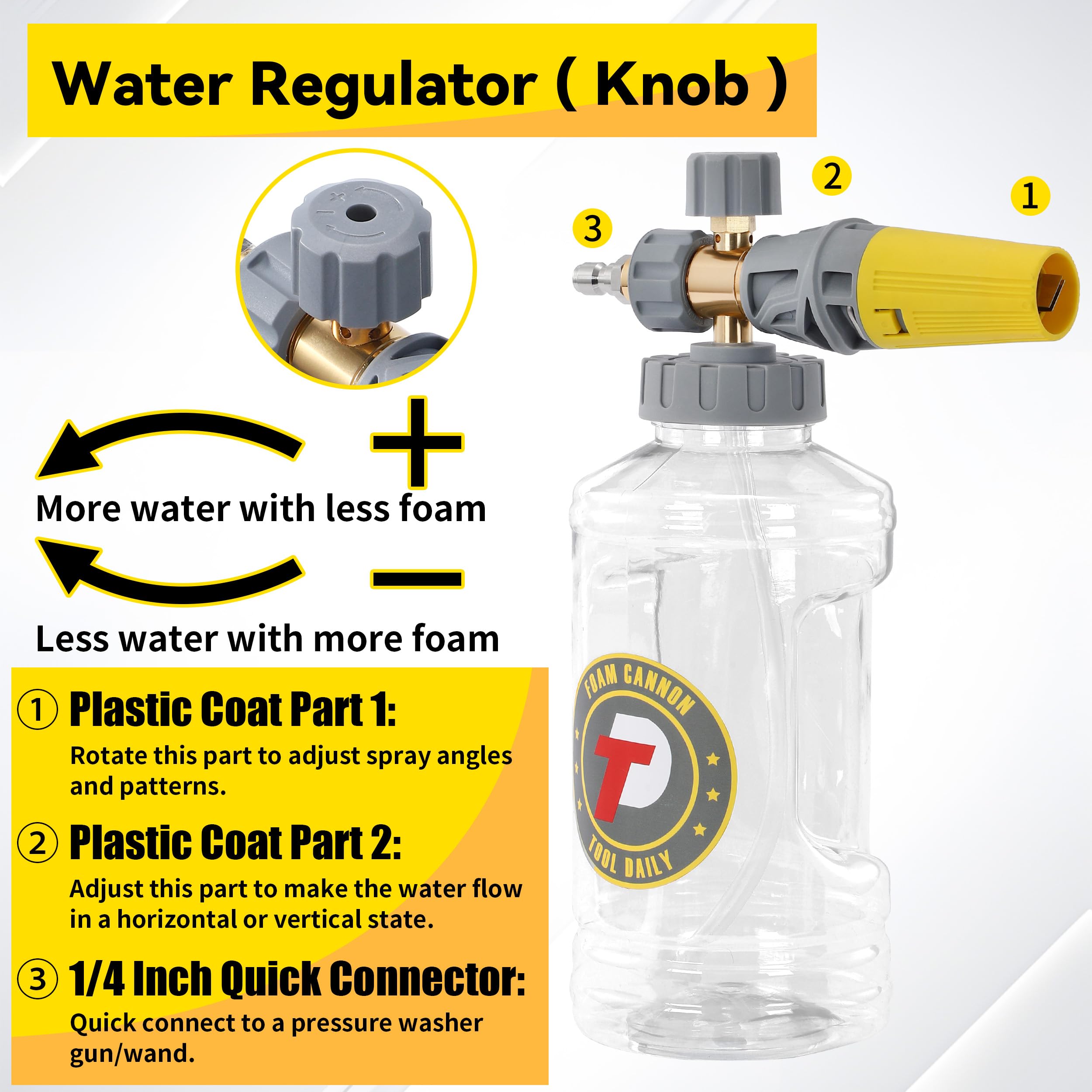 Tool Daily Cañón de espuma con pistola de lavado a presión, accesorio de doble conector, pistola de lavado eléctrica con conector giratorio de 3/8 pulgadas, cañón de jabón ajustable con accesorios de