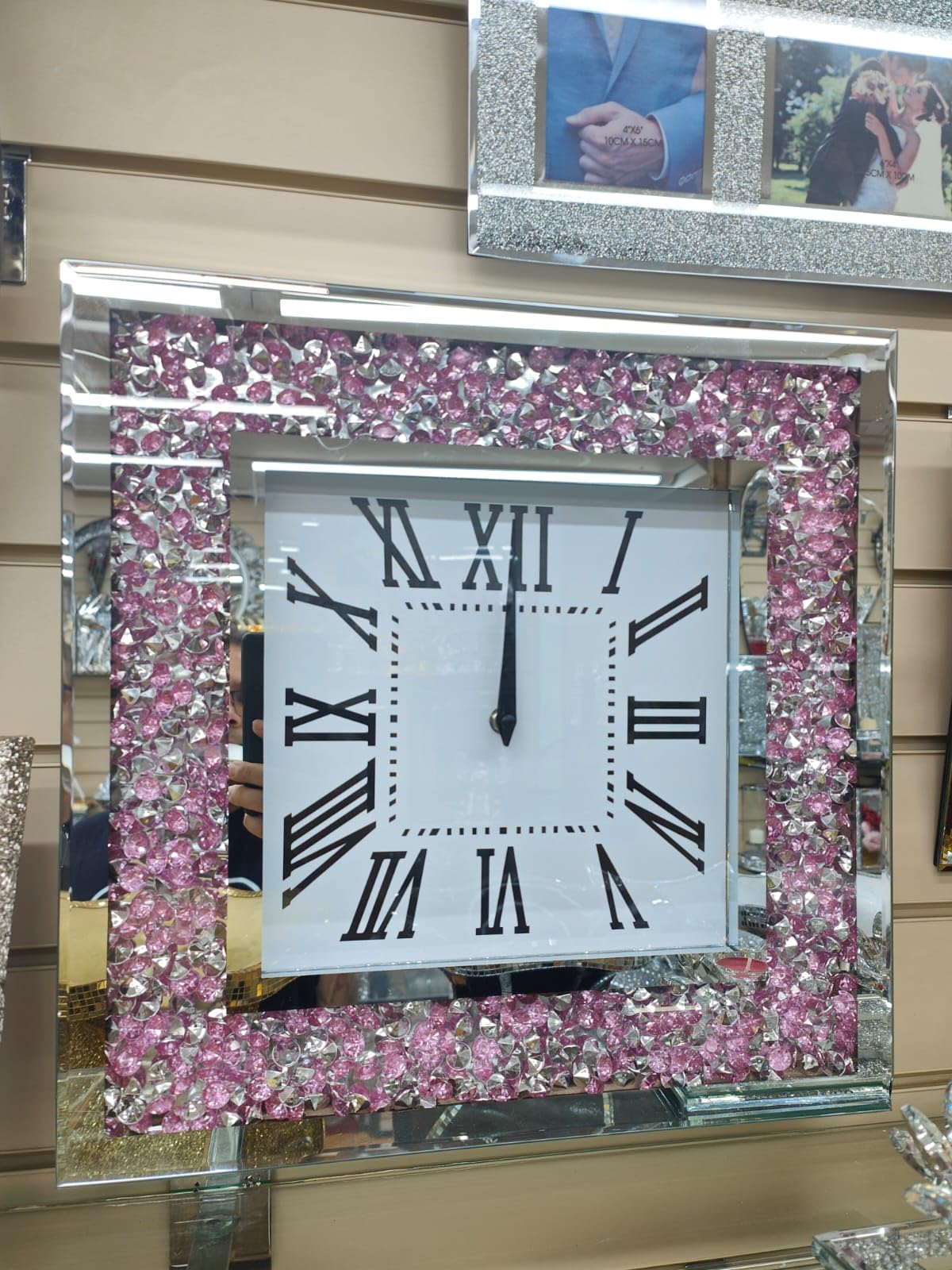 Biznest Pink Silver 40X40cm Crystal Crushed Diamond Mirror Jewel Roman Wall Clock Loose Diamante Wall Mount