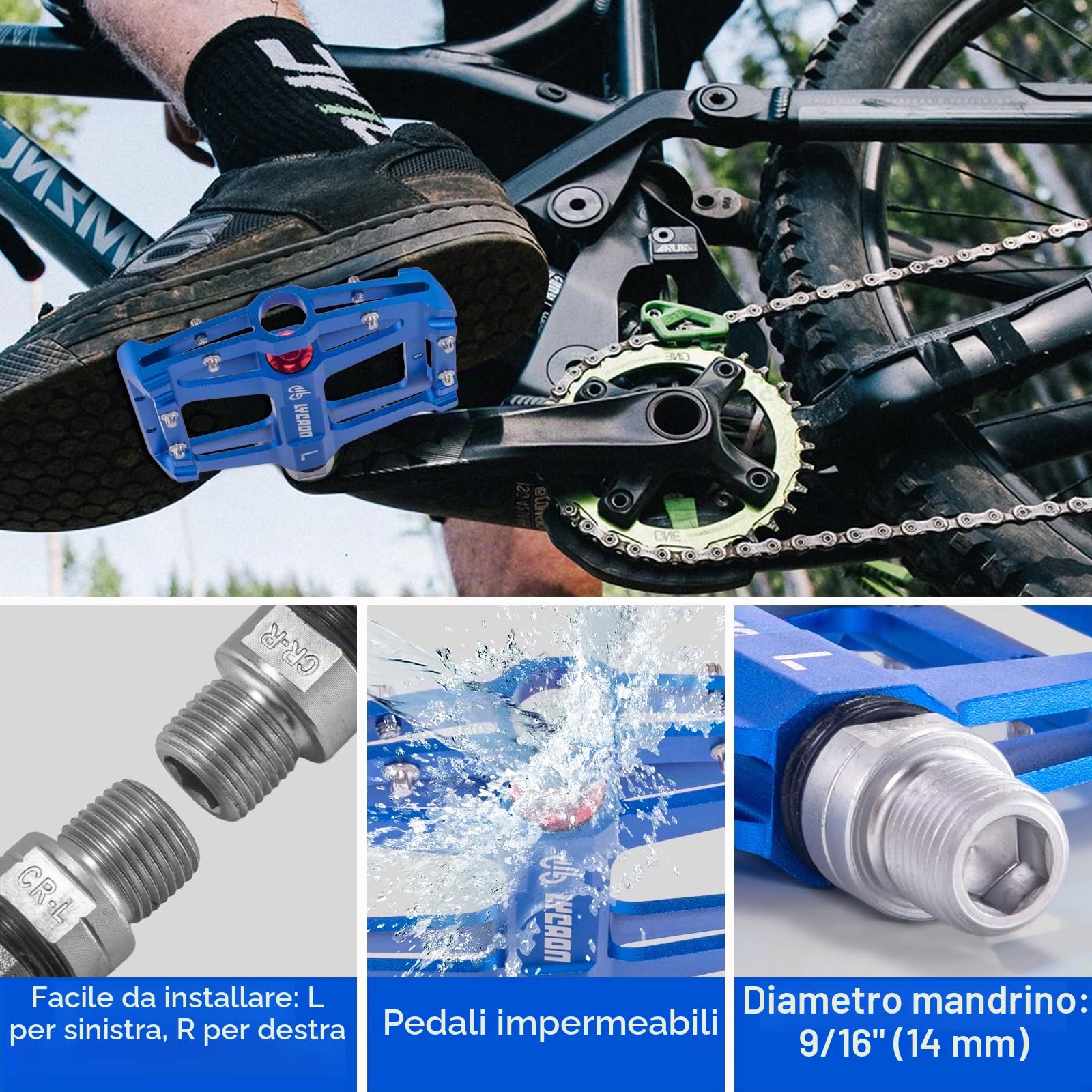 LYCAON Pedali per Bicicletta, Pedale per Bici Antiscivolo in Lega di alluminio CNC, CR-MO & 3 Pedali Cuscinetti per BMX MTB 9/16 Pollici