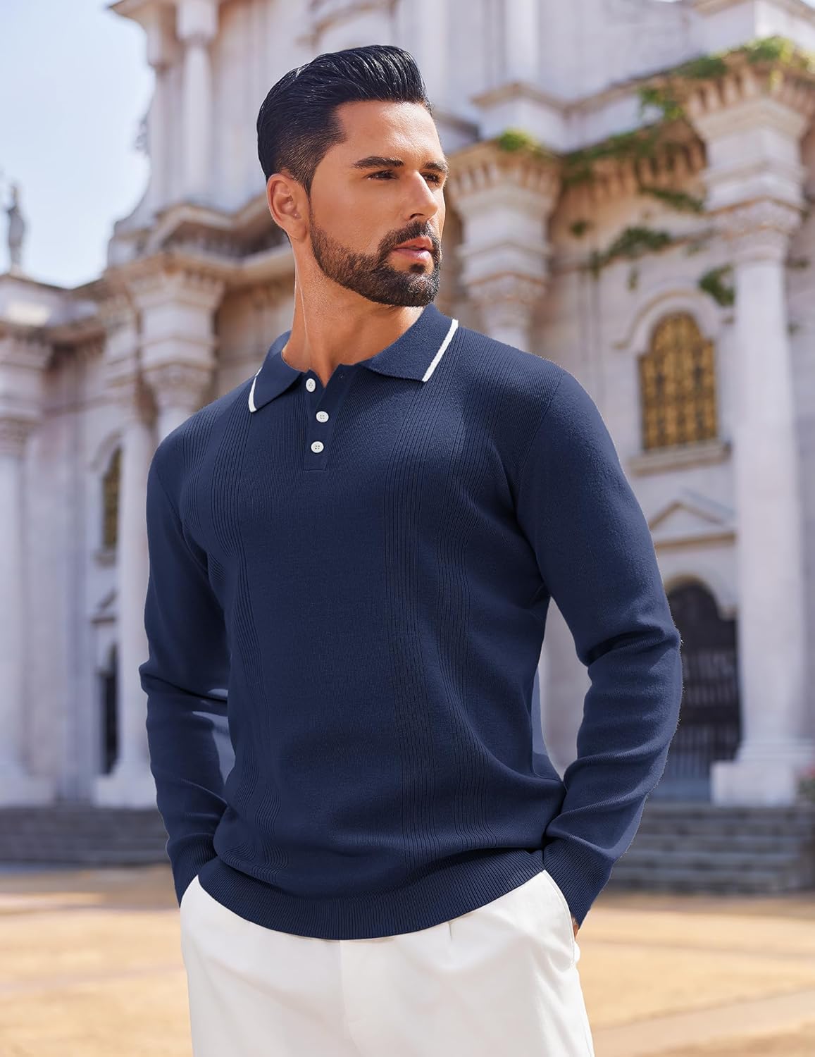 COOFANDY Mens Knit Polo Sweaters Long Sleeve Vintage Polos Casual Dress Pullover Old Money Tops - Image 3