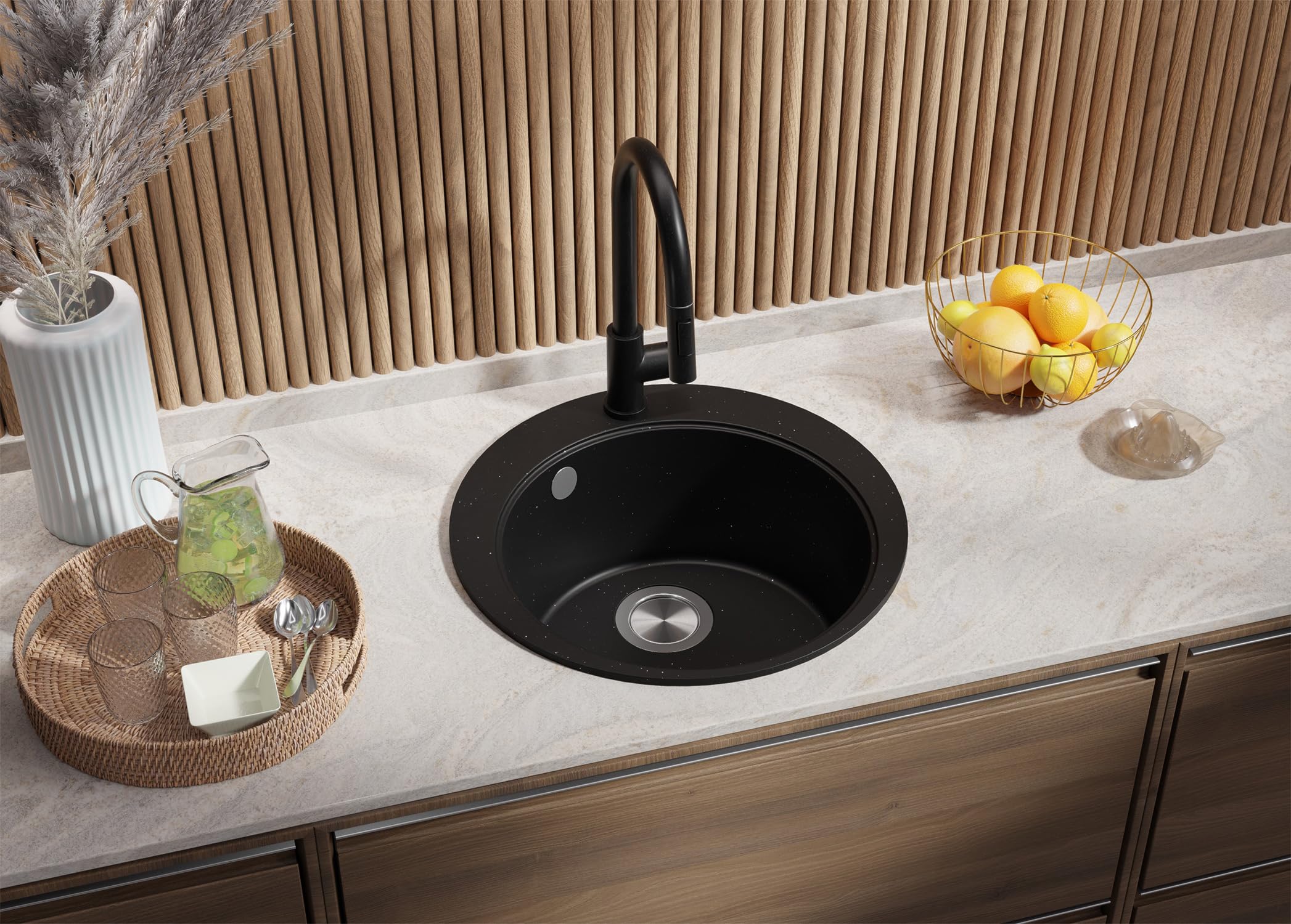 PRIMAGRAN Fregadero Cocina Negro Metallic - Pisa Top, 50x50cm | Granito 1 Seno + Sifón, sobre Encimera al Mueble 45cm (S004)