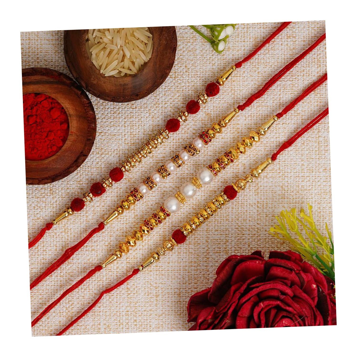 eCraftIndia Red, Golden & White Set of 4 Beads, Pearl, Diamond Designer Rakhis with Roli Chawal Pack - Rakhi for Brother, Bhaiya, Bhai (B0B5DQ15Y1) Amazon Price History, Amazon Price Tracker