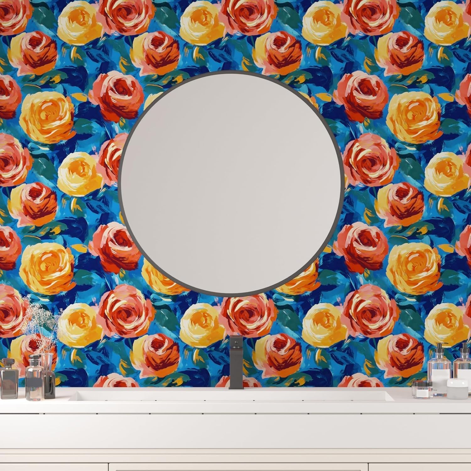 BOKEBEVE Blue Colorful Floral Wallpaper Watercolour Stick Peel Wallpaper Oil Painting Wall Paper Boho Modern Canvas Wallpapers for Cabinet Wall Shelf Liner Removable Renter Friendly 17.5 x 118In