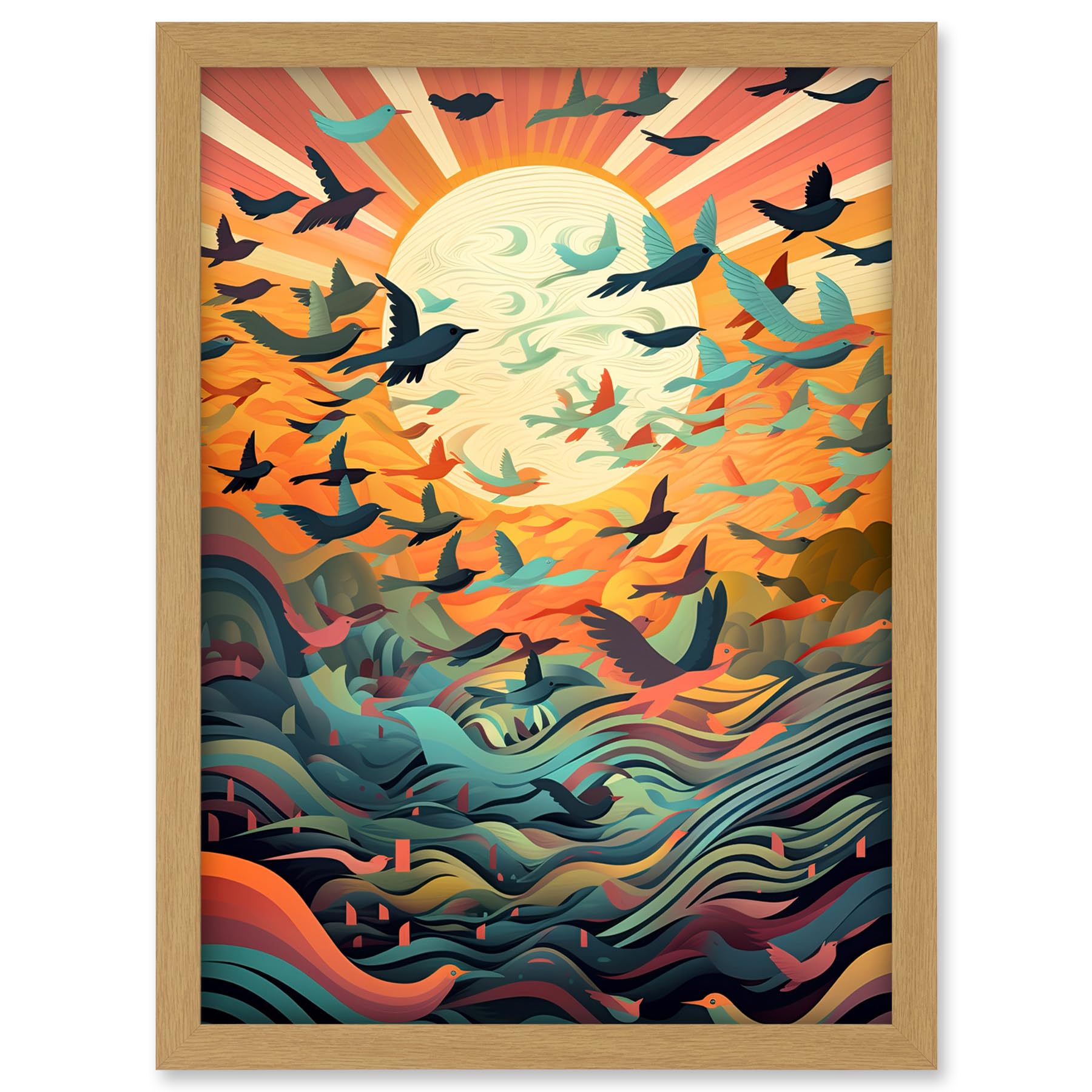 Artery8 Flock of Birds Flying at Sunrise Modern Folk Art Artwork Framed A3 Wall Art Print
