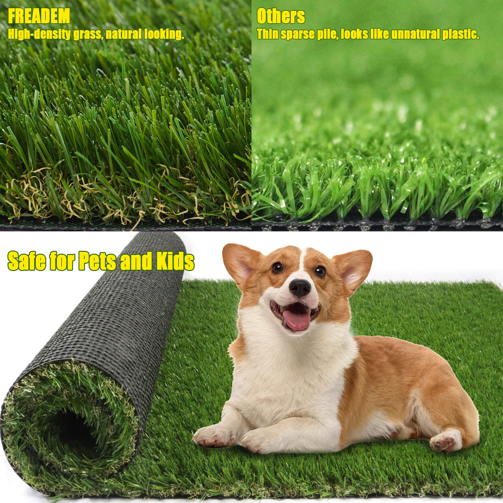 Artificial Grass Synthetic Thick Fake Grass Rug 3 FT x 5 FT, FREADEM Dog Artificial Turf Grass Mat with Drainage, for Outdoor Lawn, Garden, Patio, Landscape, Balcony, Pet Mat, 1.38" Pile Height