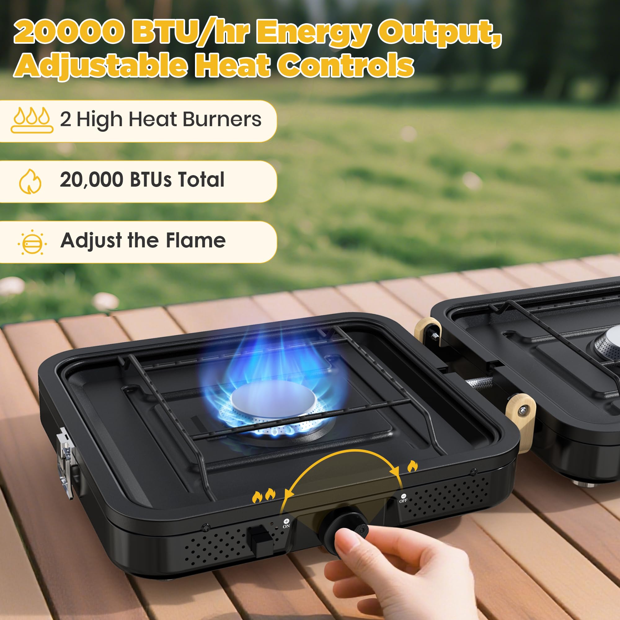 Fornello da campeggio a 2 fuochi 20000 BTU, fornello pieghevole a propano con borsa per il trasporto | Bruciatori regolabili ad alto calore e accensione istantanea piezoelettrico, accessori essenziali per barbecue e campeggio