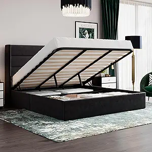 SHA CERLIN King Size Lift Up Storage Bed/Velvet Upholstered/Modern Wingback Headboard/Upholstered Platform Bed Frame/Hydraulic Storage/No Box Spring Needed/Black