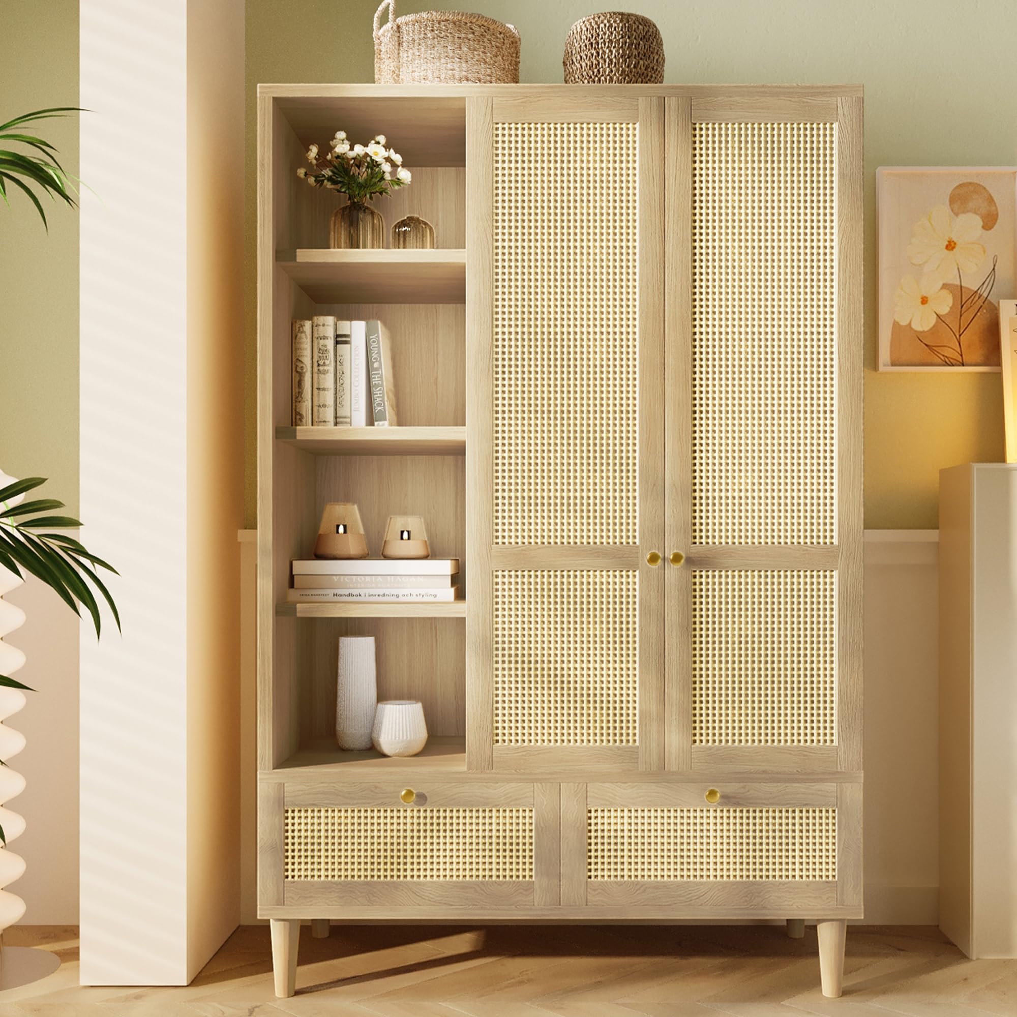 Kleiderschrank mit 2 Türen und Rattan-Geflecht im Landhausstil Eichenoptik, offenes Einlegeboden, Einlegeböden, Kleiderbügel, 2 Schubladen, Kippsicherung (180x120x50cm)