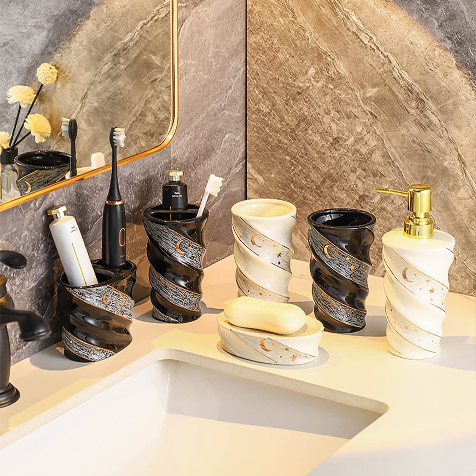Juegos de Accesorios de baño, Acesorios Cuartos de Baño 4 Piezas con Dispensador Jabon Baño, Jabonera Baño, Porta Cepillo de Dientes, para Champú Gel de Ducha Cerámica Negro