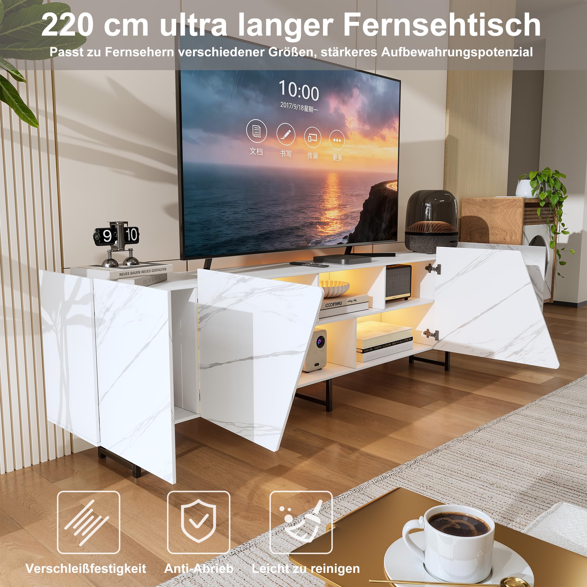 BRILVERDE Fernsehschrank mit LED-Beleuchtung in Weißer Marmoroptik Hochglanz – 220 cm TV Lowboard mit Tür, Stauraum und Sideboards, für Wohnzimmer (Weiß,220cm)