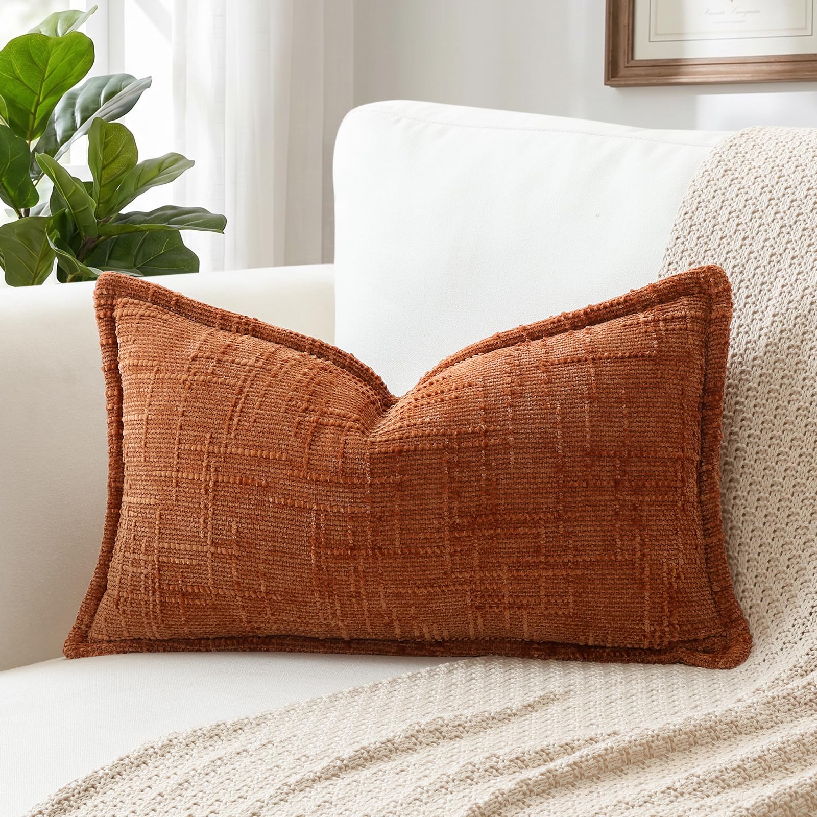 Sungeek Rust Chenille Textured Decorative Cushion Cover, Soft Cozy Bound Edge Design Cushion Case, Solid Farmhouse Lumbar Pillow Case for Couch Sofa Bed Living Room, 40x60cm